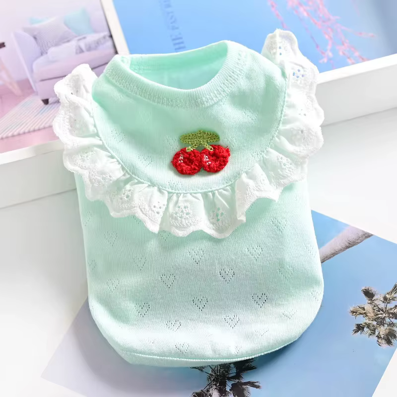Camiseta de tirantes delgada y linda para perros pequeños, primavera y verano, estilo princesa de osito, transpirable, color cereza, ropa para cachorros — imagen 3