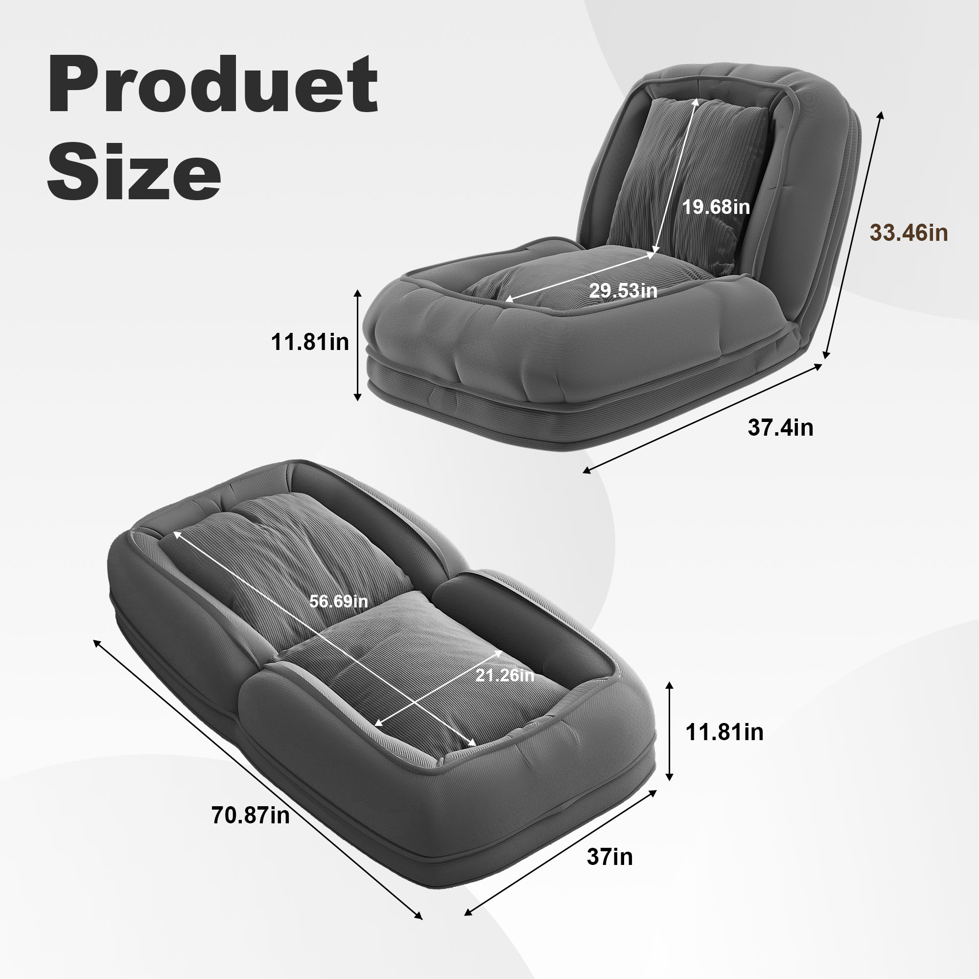Silla-Cama Plush para Adultos y Mascotas: Sofá Reclinable con 5 Posiciones Ajustables, 2 Almohadillas Suaves para Dormir o Leer en Gris — imagen 2