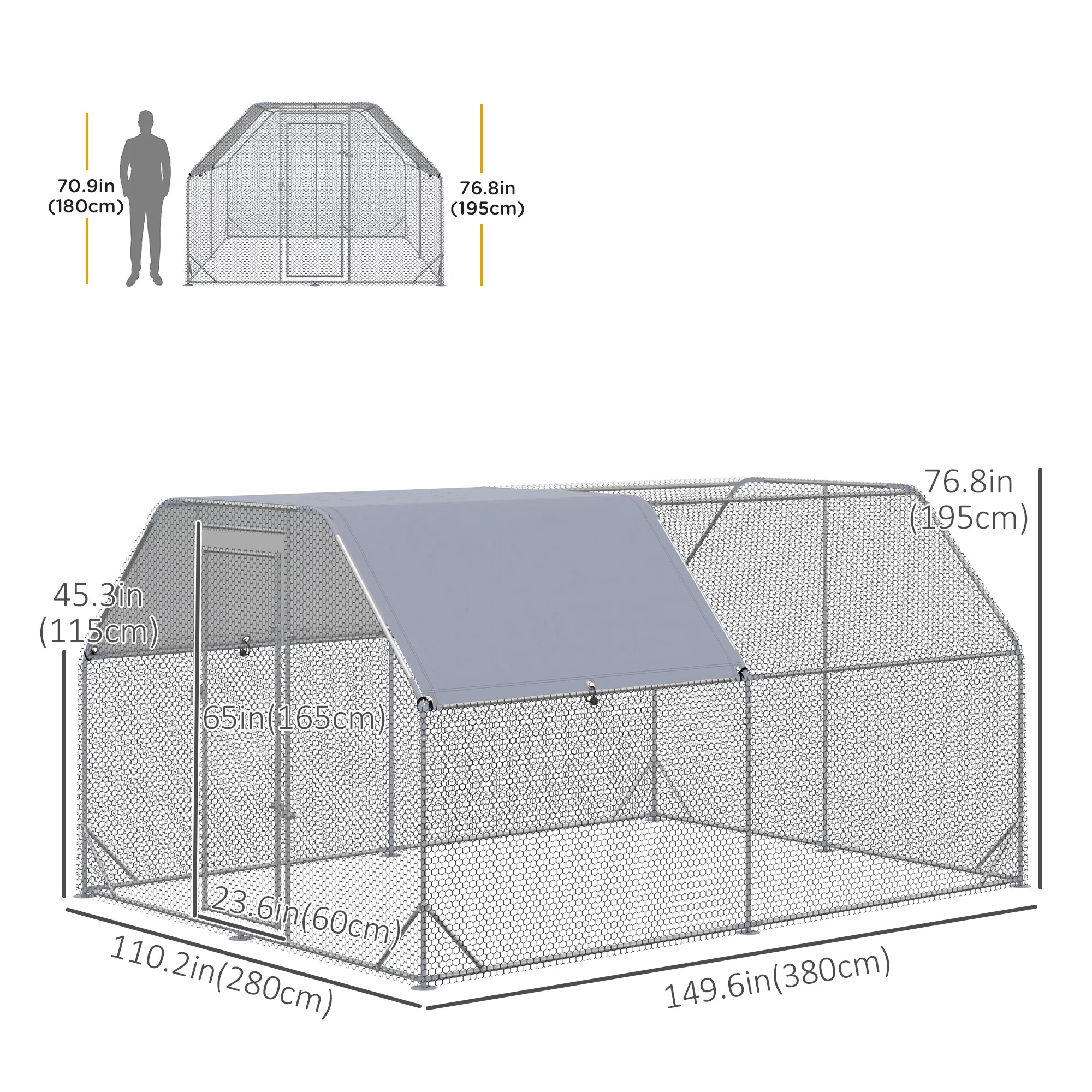 Chicken Run, Galvanized Large Metal Chicken Coop Cage, Walk-in Enclosure Poultry Hen Run House Playpen Rabbit Hutch with Flat Roof, Cover, 9.2' x 12.5' x 6.5', Silver — image 2