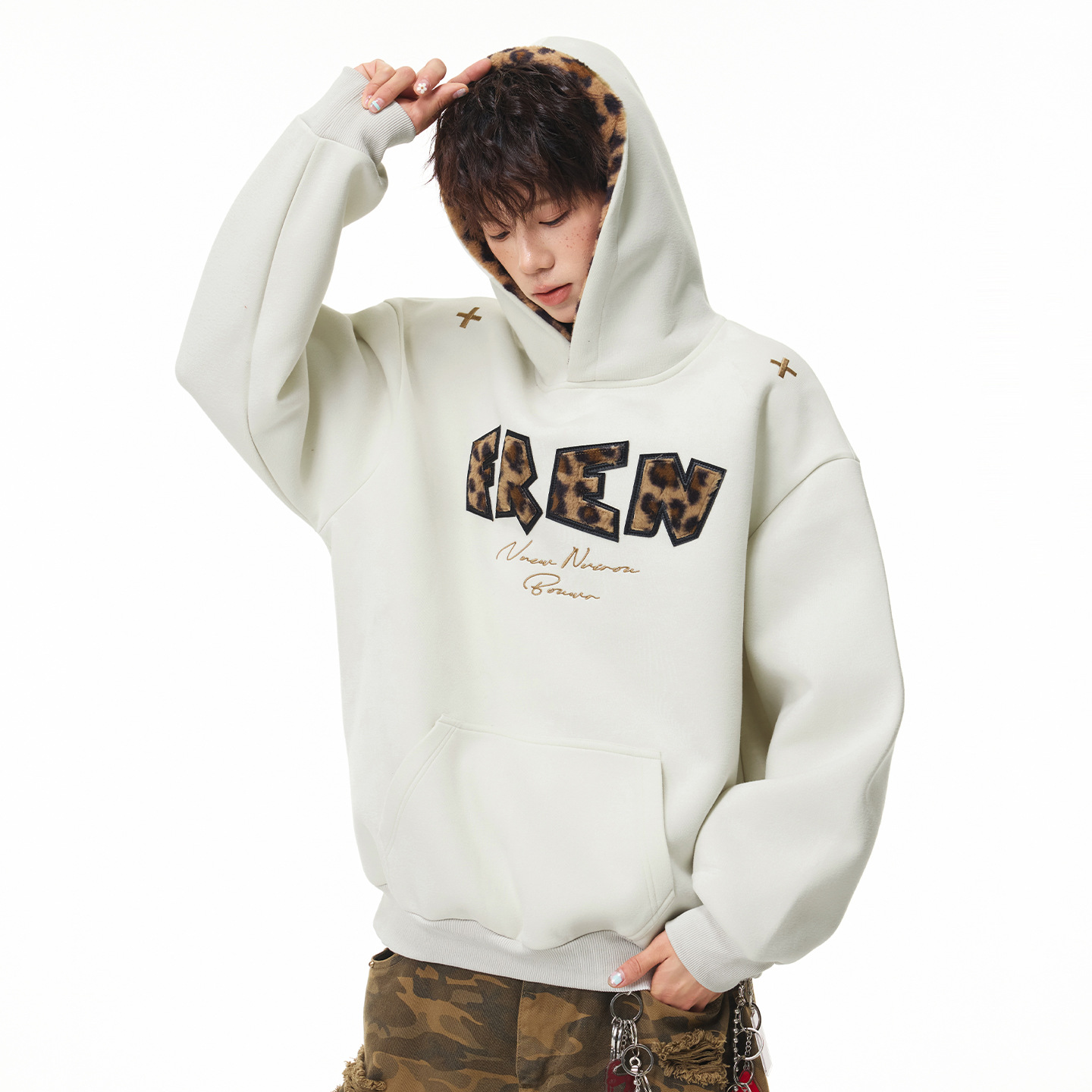 Heavyweight Texture Leopard Applique Hoodie for Men, Autumn Patchwork Casual Trendy Hooded Sweatshirt — image 2