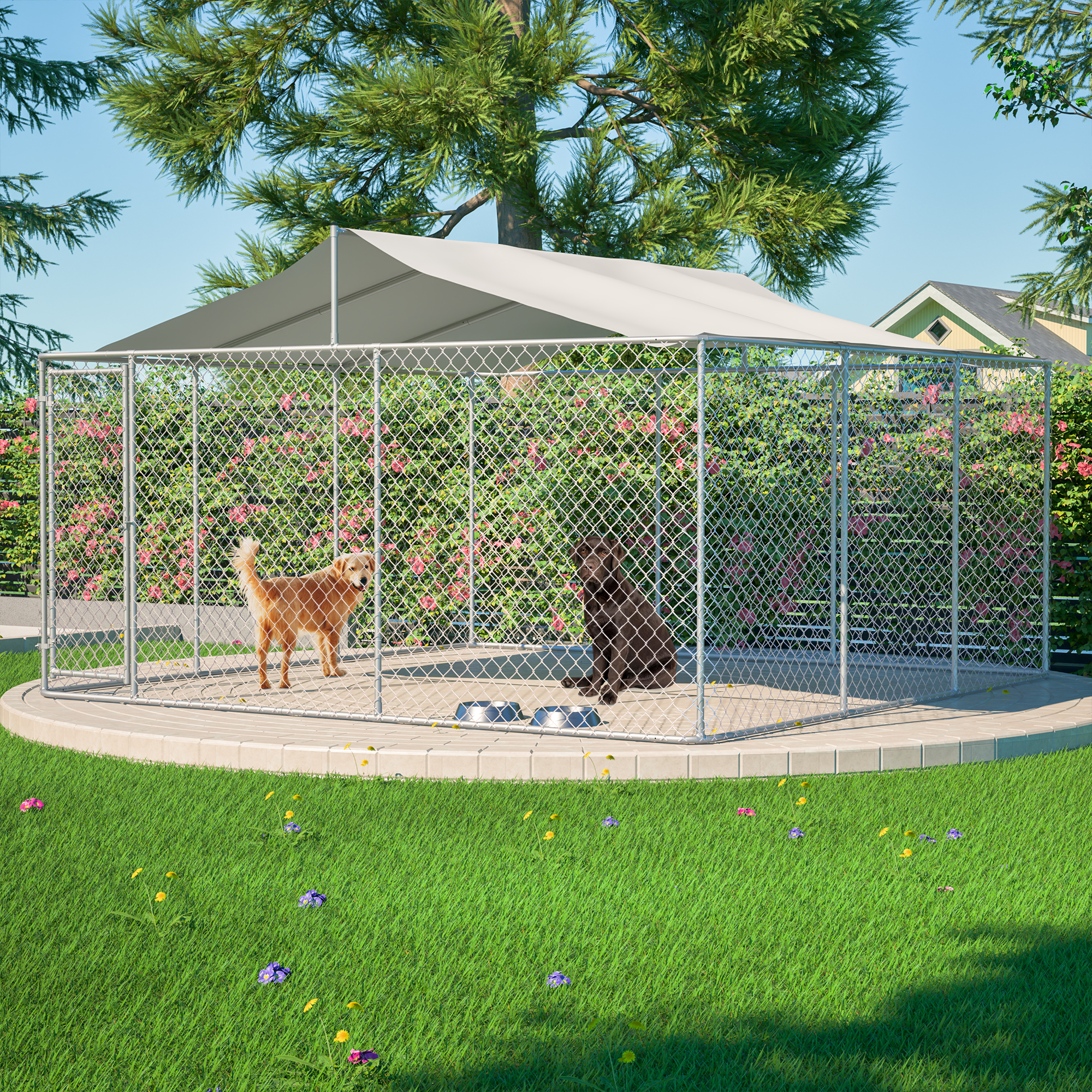 Heavy Duty Outdoor Dog Kennel 14.8x14.8x7.6 Ft, Galvanized Chain Link Playpen With Waterproof Anti-UV Cover, Secure Lock, Large Exercise Pen For Puppy & Pets — imagen 1
