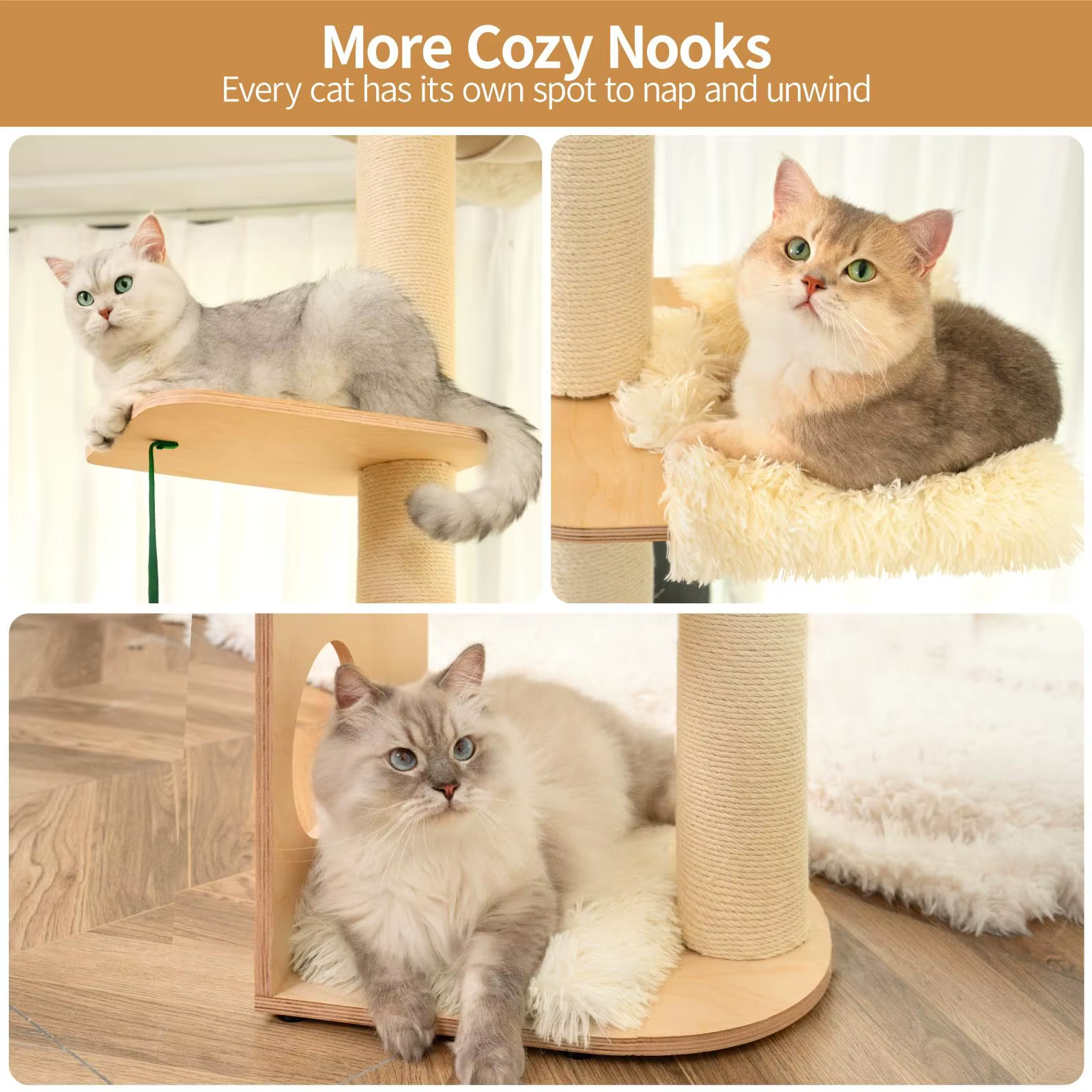 Tall wall-mounted cat tree, designed specifically for indoor cats; climbing tower; interactive wooden wall-mounted cat furniture — image 5