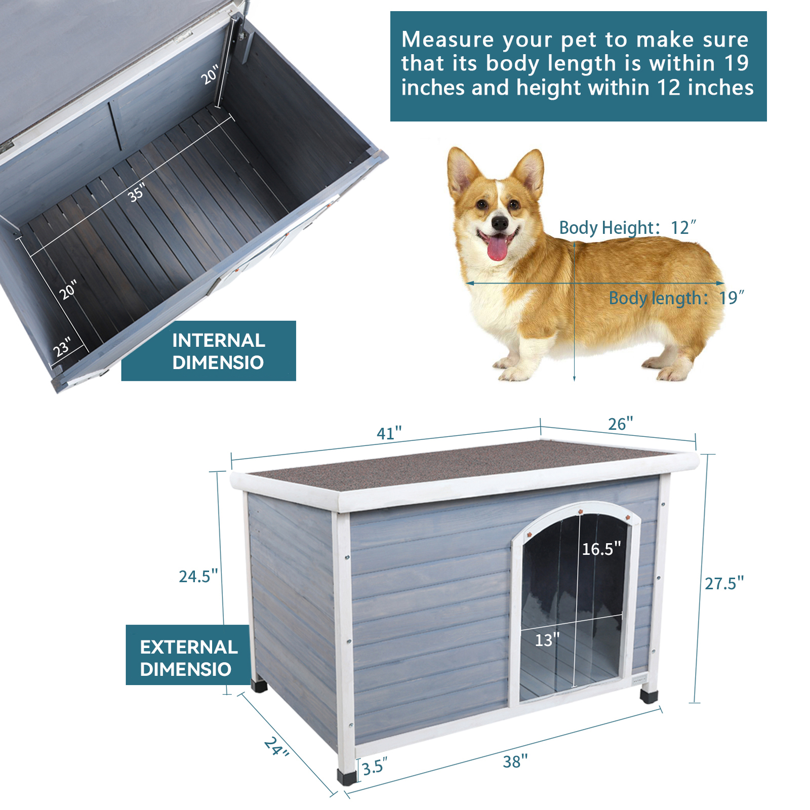 Medium Wooden Outdoor Dog House, Waterproof Roof, Elevated Floor, Adjustable Plastic Feet, Grey — image 3