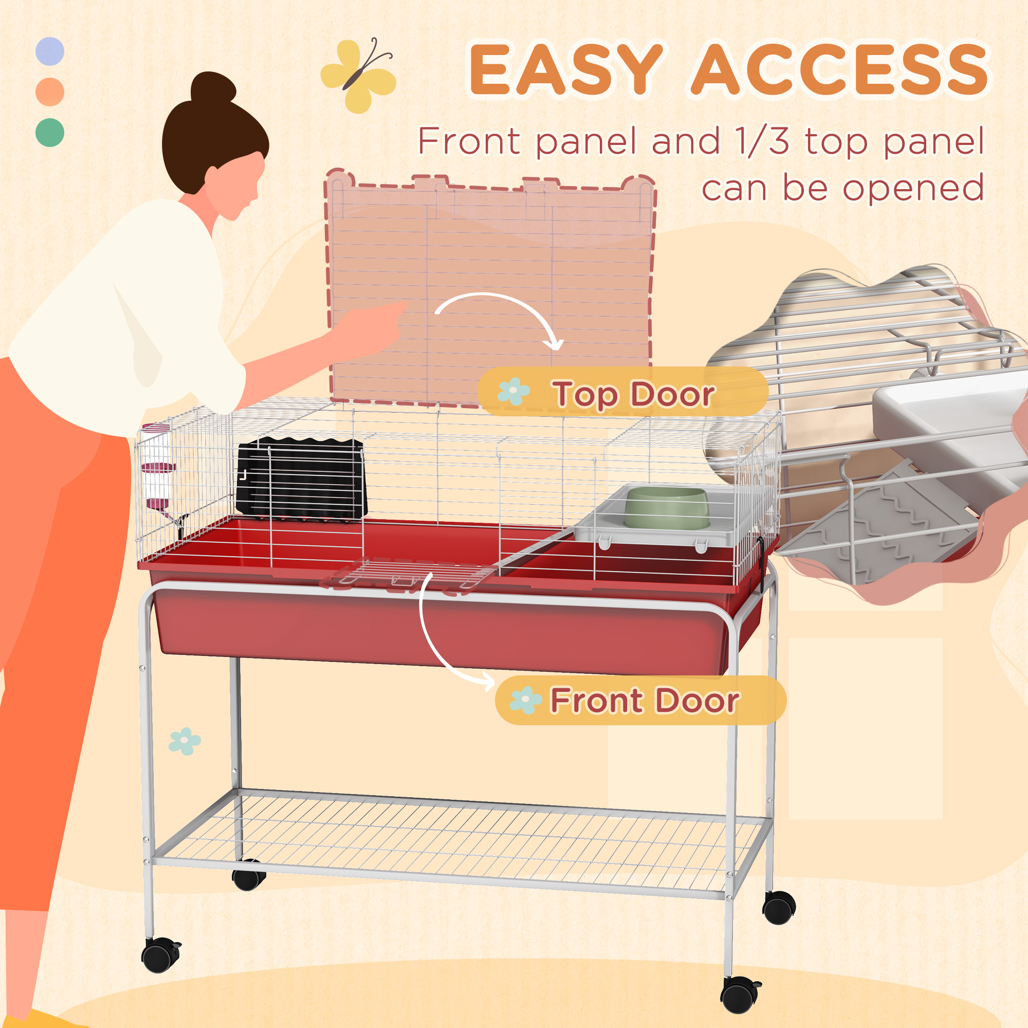 Two-Story Small Animal Cage Removable from Stand, Pet Habitat with Shelf & Wheels, 39" x 20.5" x 36.5", Red — imagen 3