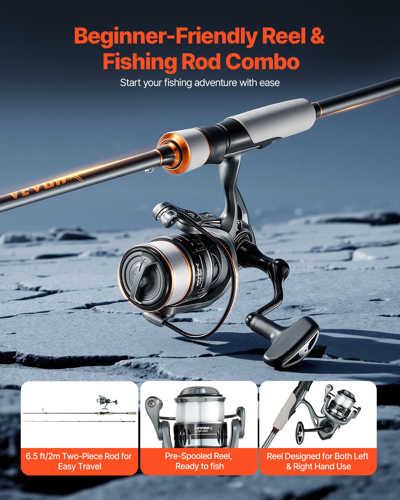 Rod And Fishing Reel Combo, IM6 Fiberglass & Carbon Fiber Spinning Rod And Reel Combo, Bass Fishing Pole With 6.5 Ft Two-Piece Rods, 6+1 Ball Bearings, Stainless Steel Guides With Ceramic Rings — image 2