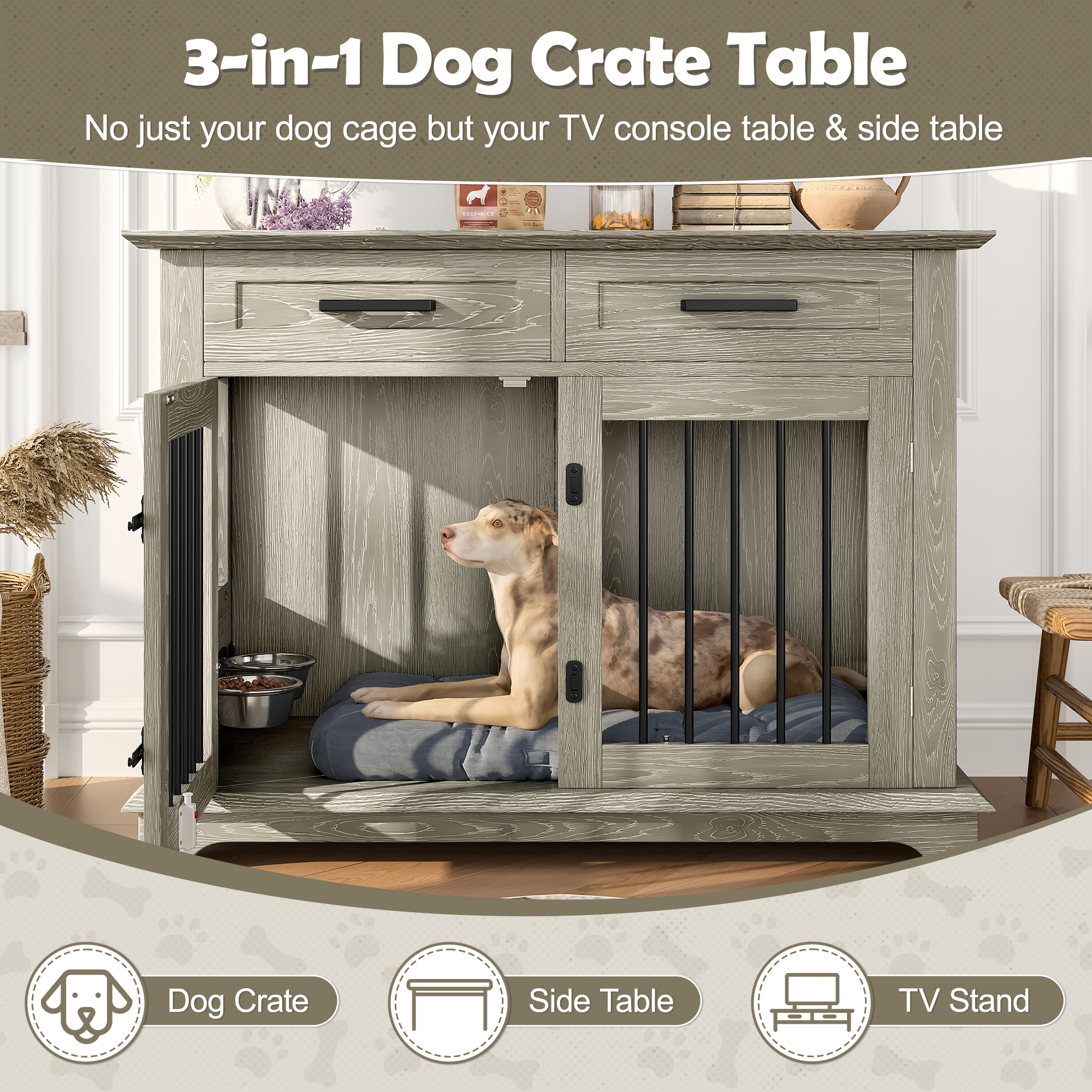 Jaula-Mueble Grande para Perro de 44.48", Caseta de Madera Interior para Perro, Mesa Auxiliar con 2 Gavetas de Almacenamiento y Tazones Giratorios, Jaula Decorativa para Perros Medianos, Gris — imagen 2
