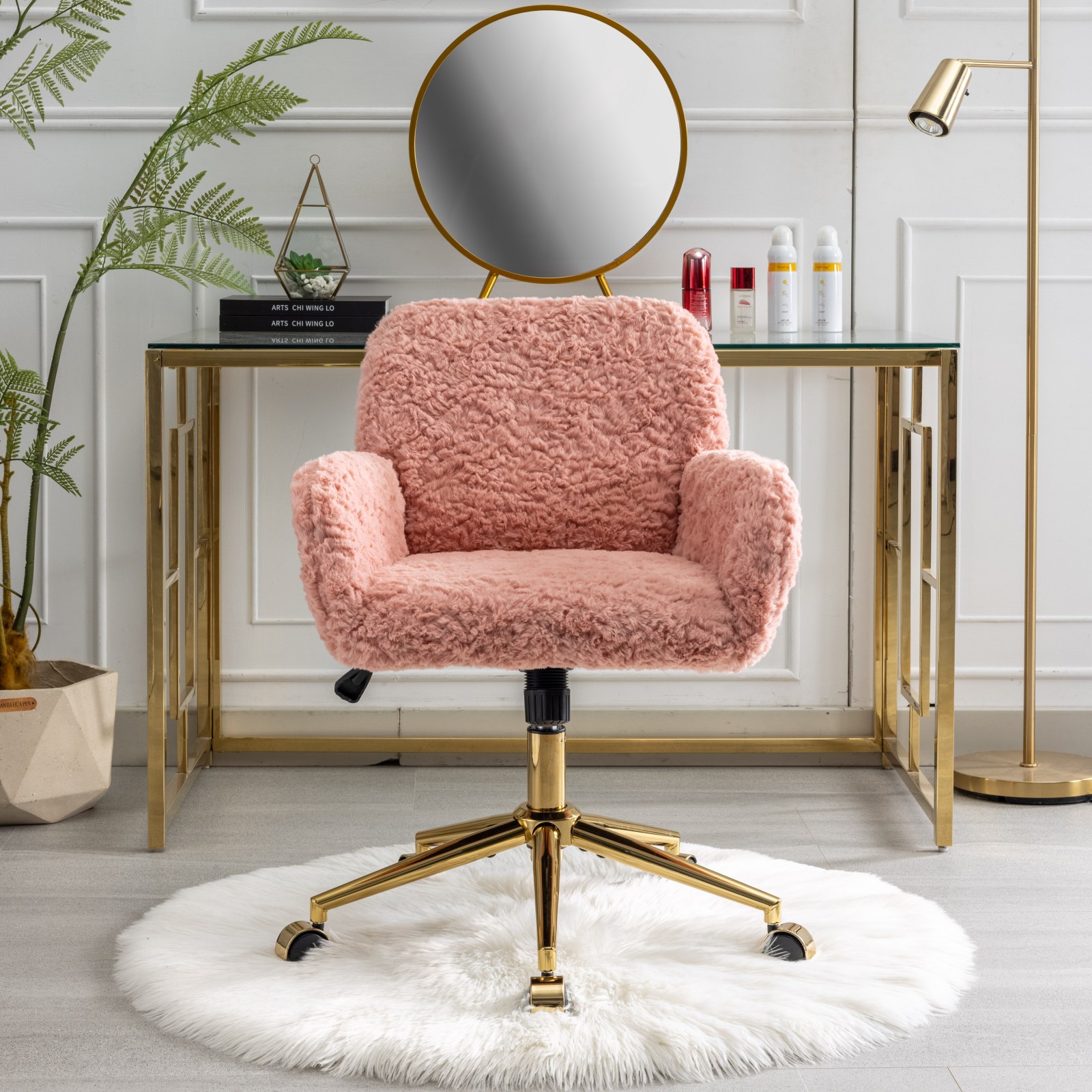 Silla de Oficina A & A Furniture, Silla de Oficina en Casa con Pelo Sintético de Conejo y Base Metálica Dorada, Silla de Escritorio Giratoria Ajustable, Silla Tocador — imagen 1