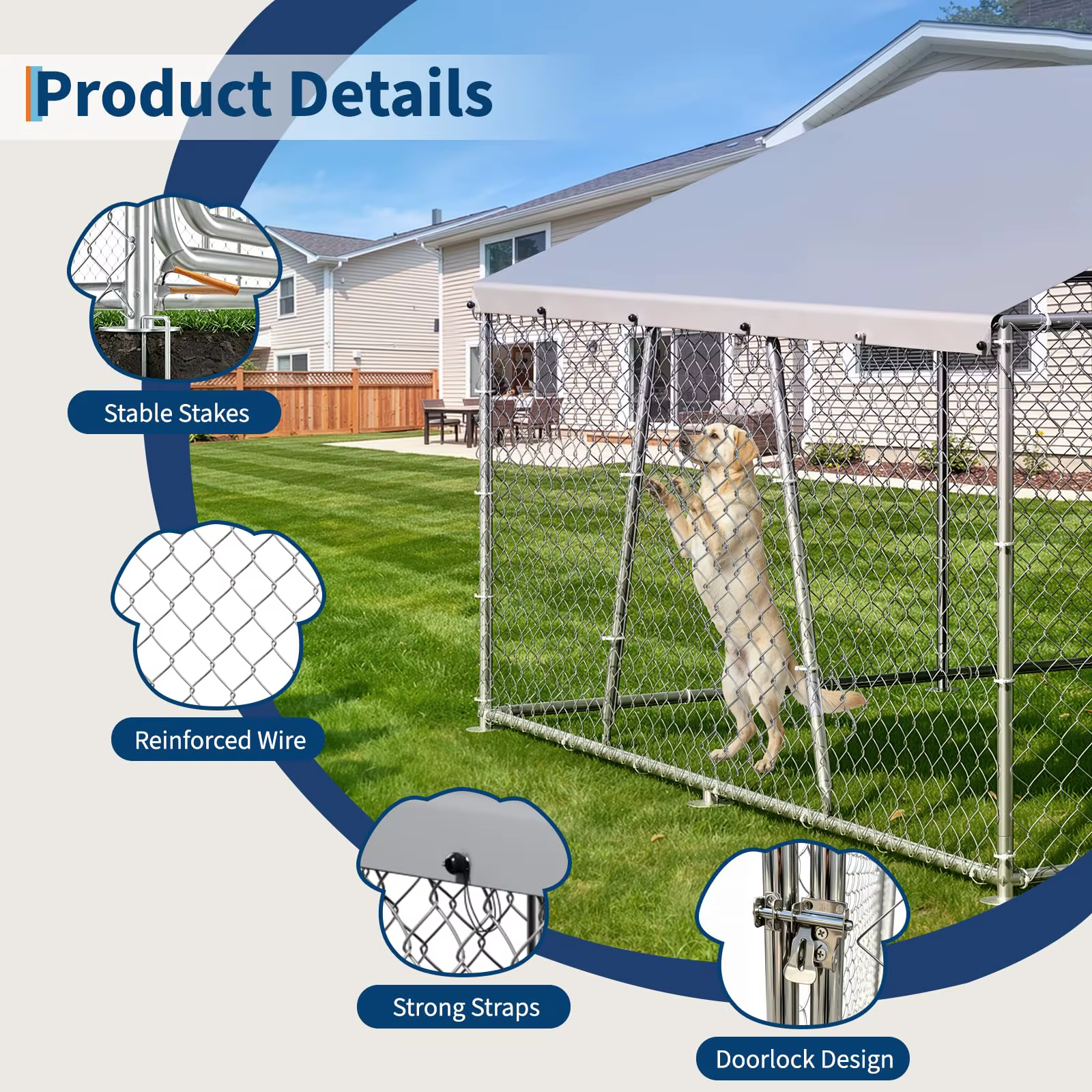 Outside Dog Enclosure With PE Waterproof Roof, 360° Feeding Door, Heavy Duty Lockable Galvanized Kennel — image 4