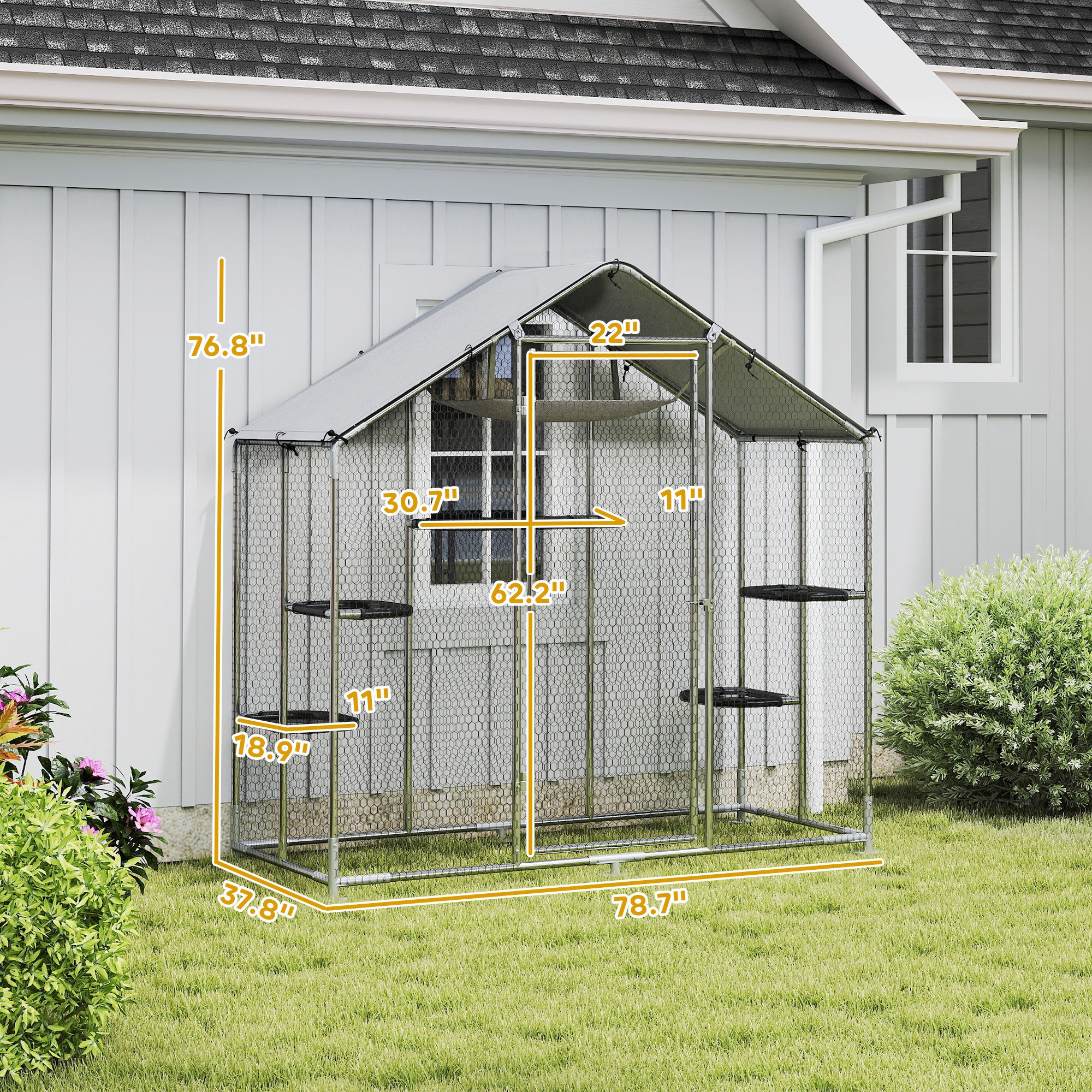 Catio al aire libre grande para gatos con cubierta impermeable, patio para caminar con 5 plataformas ajustables y hamaca — imagen 8