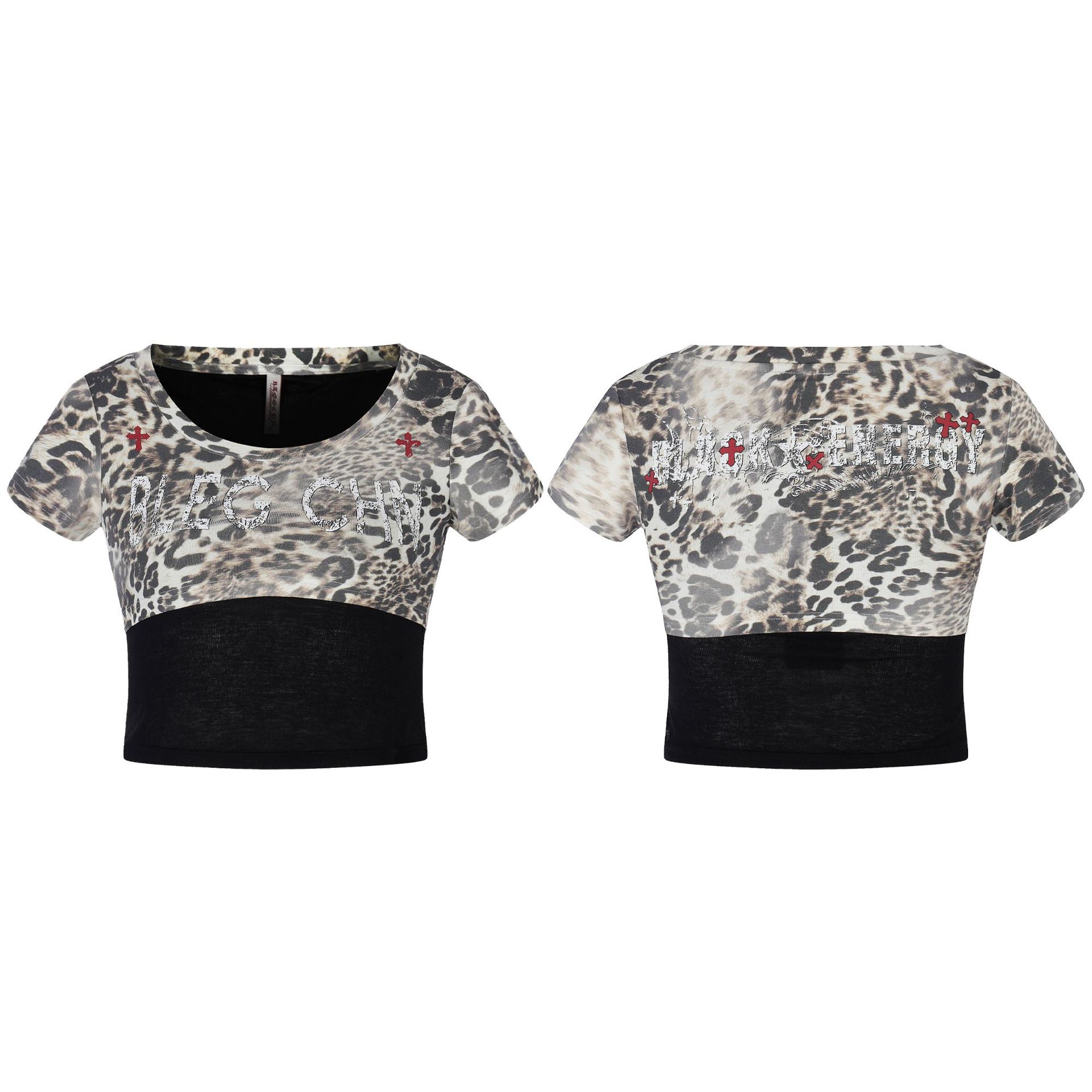 Leopard Print Patchwork Crop Top for Women, Color-Blocking Printed Fitted Slimming Midriff-Baring T-Shirt — image 6