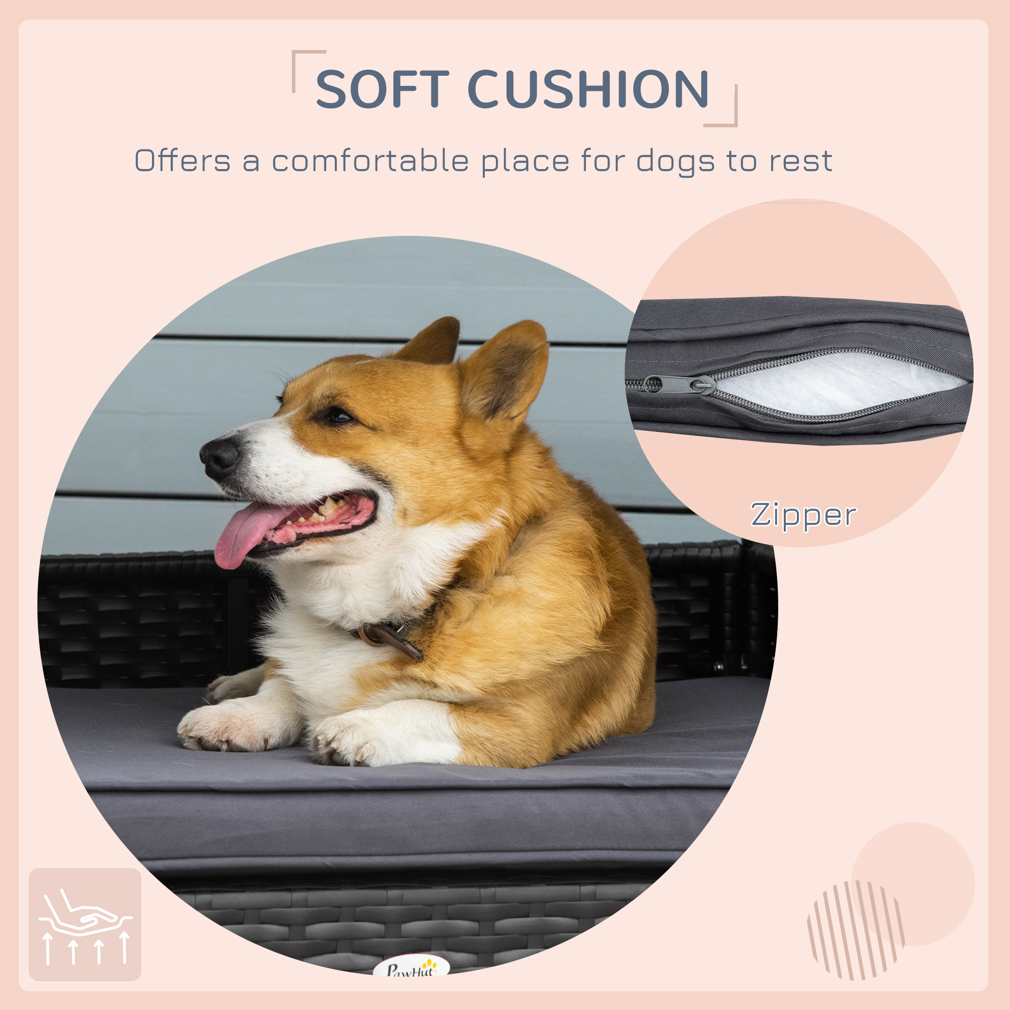 Casa de Perro en Rama Exterior con Tejado, Camarote para Mascotas con Almohada Resistente al Agua, Colchón Elevado para Razas Pequeñas y Medianas hasta 30 kg, 50 cm de Largo, Ramo Marrón, Almohada Gris — imagen 4