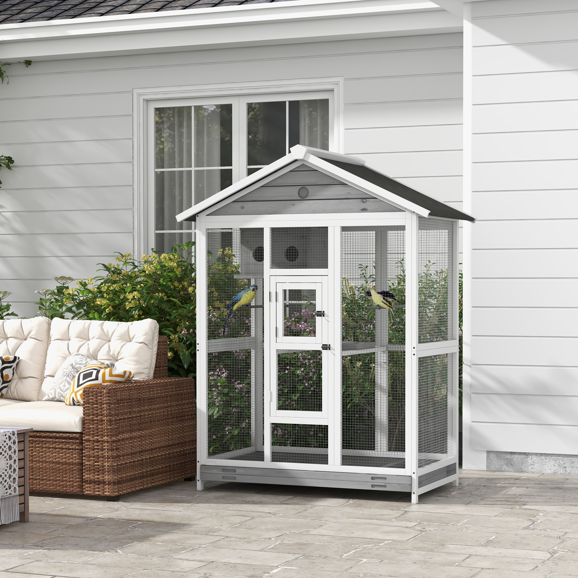 64.5" Wooden Bird Cage Aviary, Flight Cage with 4 Perches, Nest and Slide-Out Tray for Indoor/Outdoor, Gray — image 1