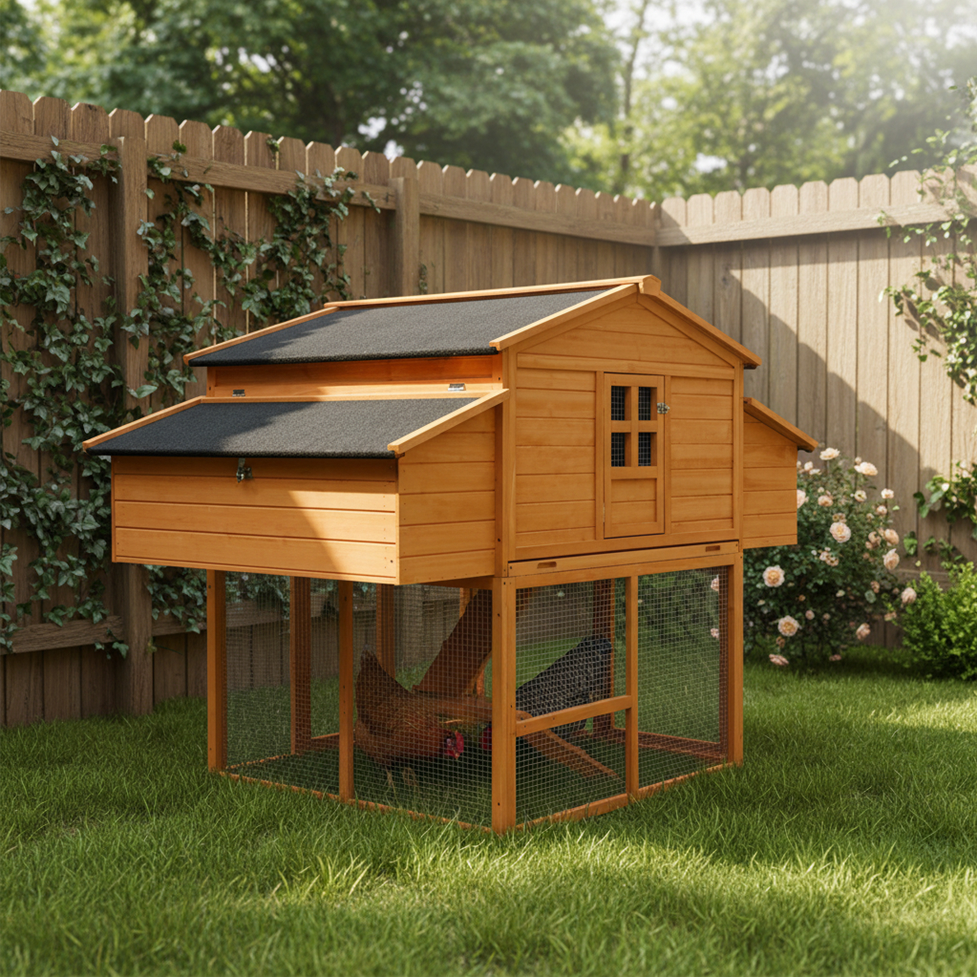 Casa para Pollos al Aire Libre con Dos Cajas de Incubación, Recipiente Anti-Derrames y Panel Techo Resistente a UV — imagen 3