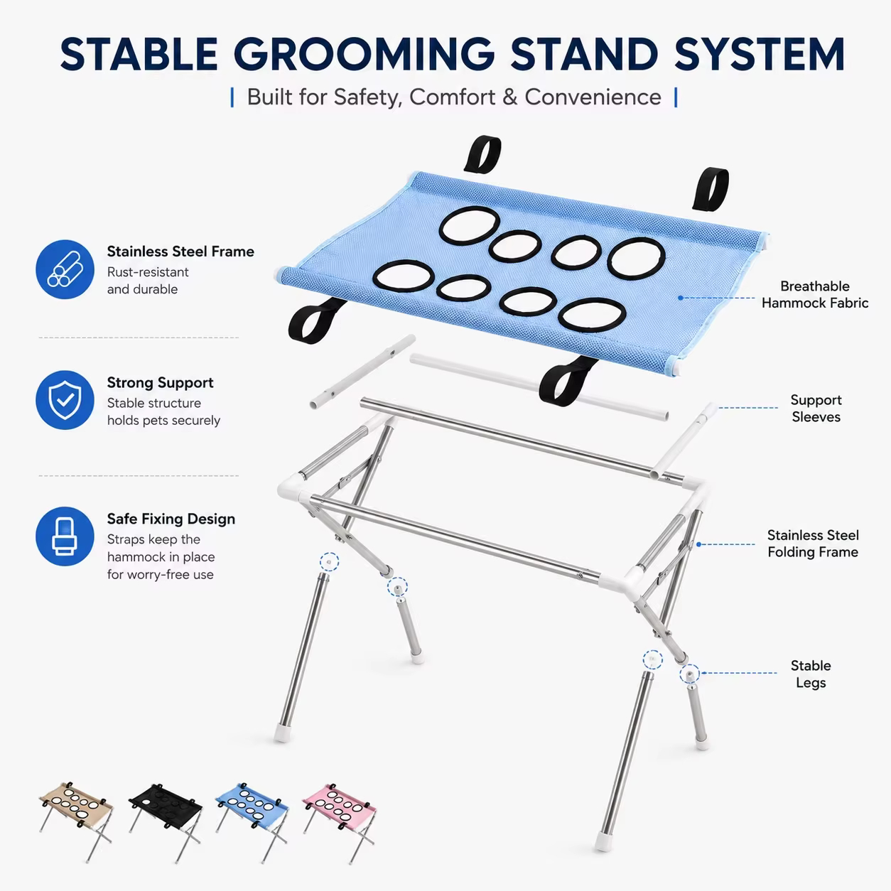Breathable Pet Grooming Hammock Stand Foldable Dog Cat Nail Clipping Restraint Stainless Steel Care Table for Home Grooming Use — image 5