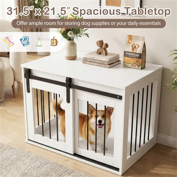 Jaula-Mueble para Perro de 31.5" con Puerta Corrediza Estilo Granero, Mesa Auxiliar/Casa para Perro de Madera para Interiores - Blanco — imagen 4