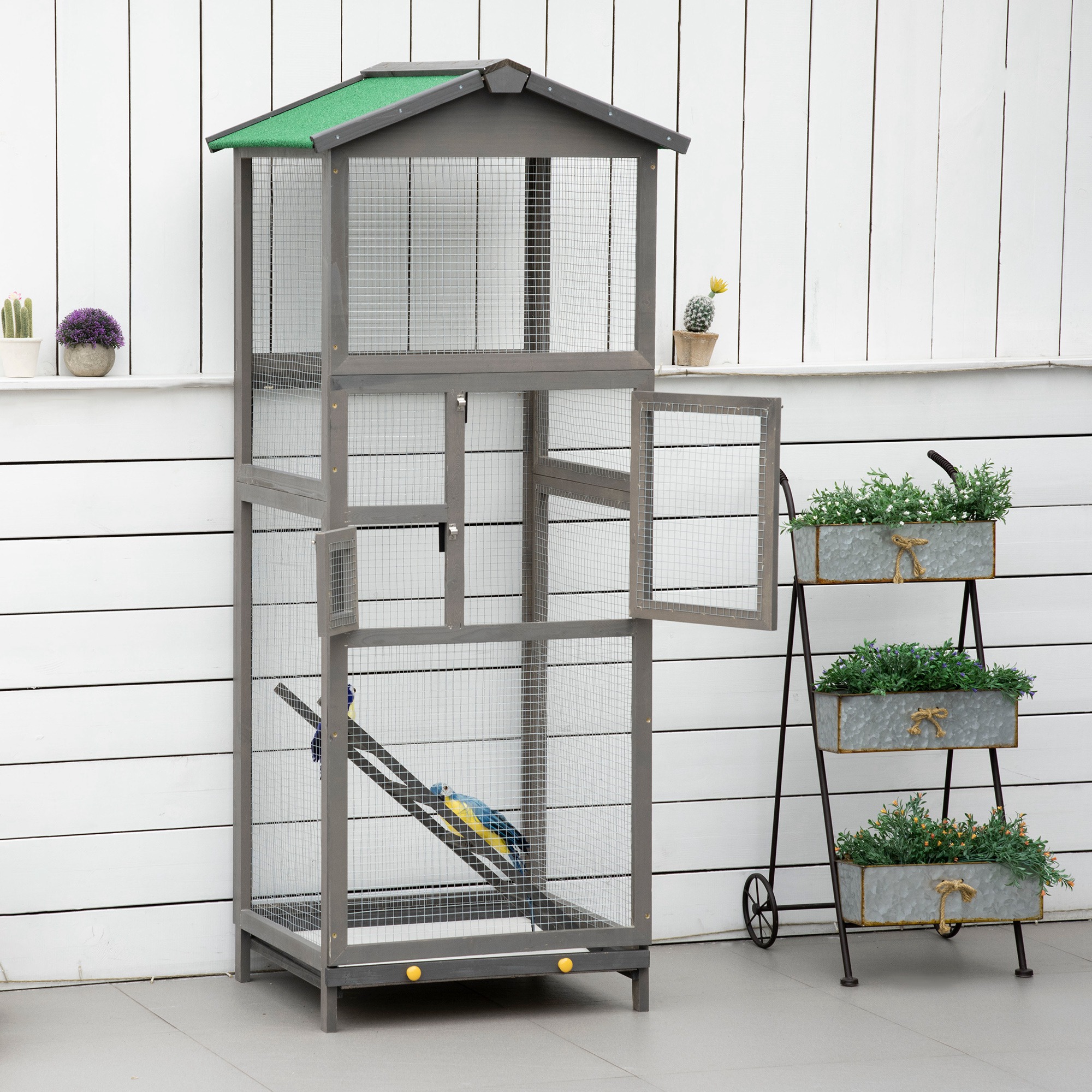 Jaula de Pájaros de Madera para Exterior de 65", Pajarera para Loros y Periquitos, con Bandeja Extraíble y 2 Puertas, Gris — imagen 4