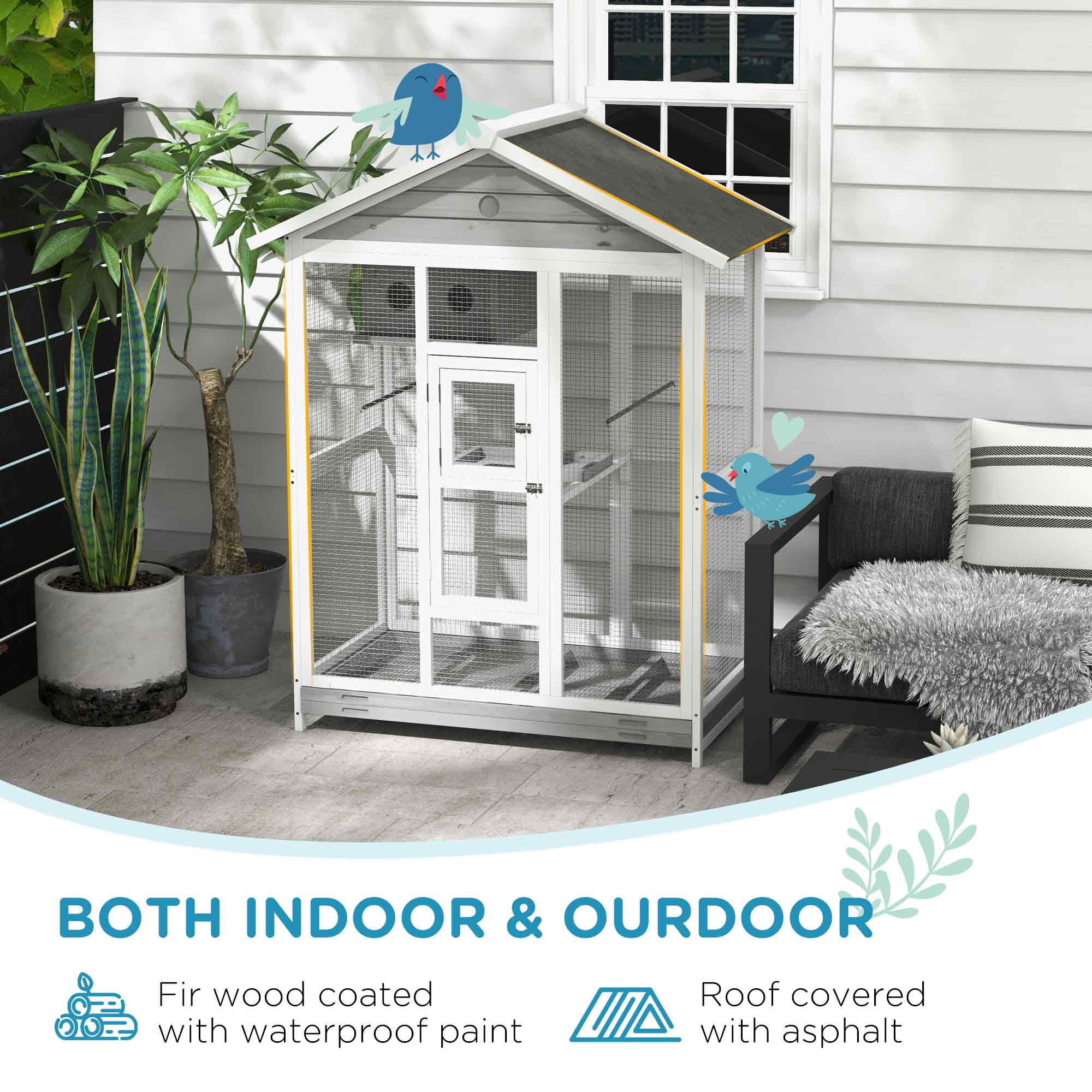 64.5" Wooden Bird Cage Aviary, Flight Cage with 4 Perches, Nest and Slide-Out Tray for Indoor/Outdoor, Gray — image 8