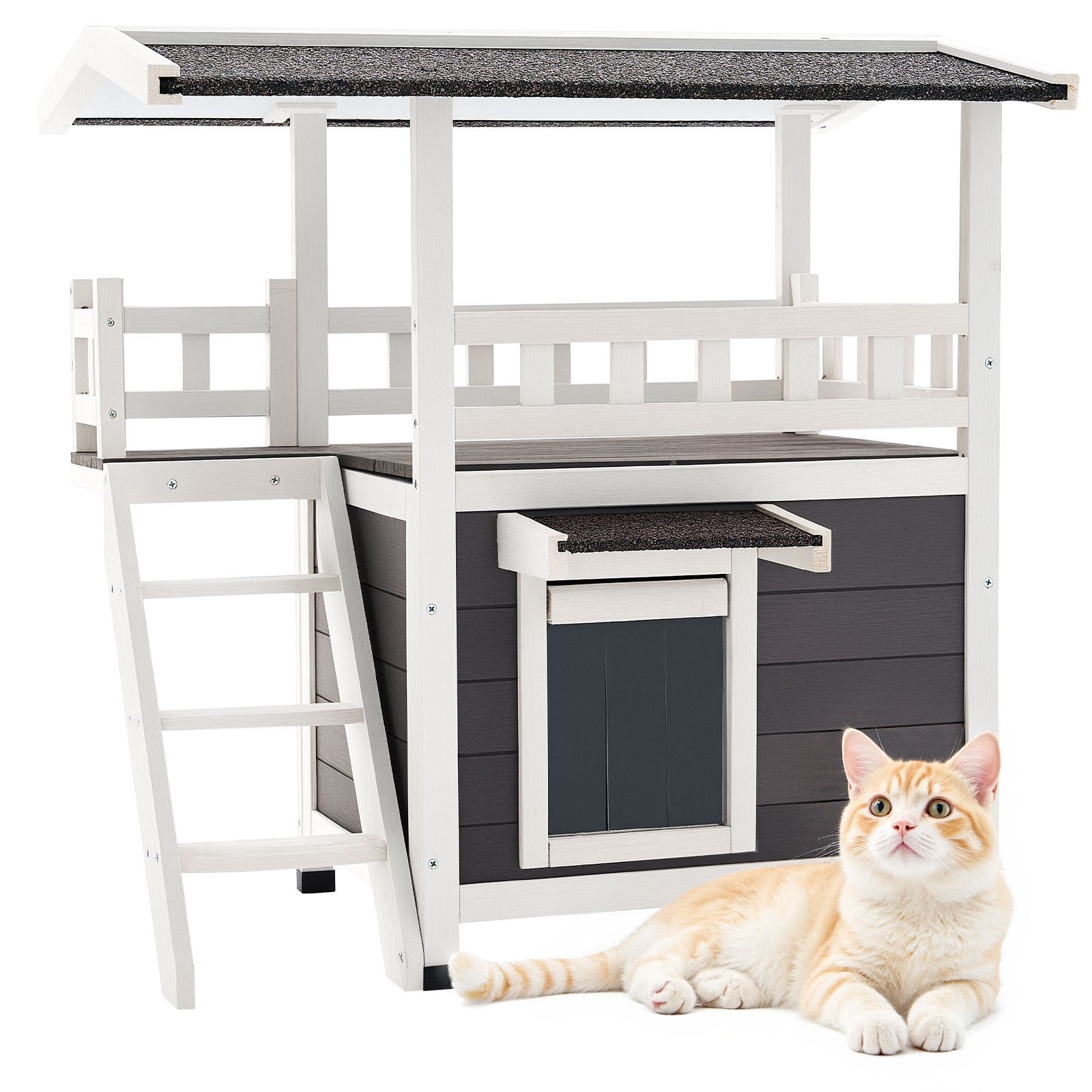 Casa de Gatos al Aire Libre, 2 Niveles, Refugio de Madera para Gatos Ferales con Escaleras y Balcón, Almacén Elevado para Gatos Domésticos e Indomesticados en Invierno, 30 x 22 x 30 Pulgadas — imagen 1