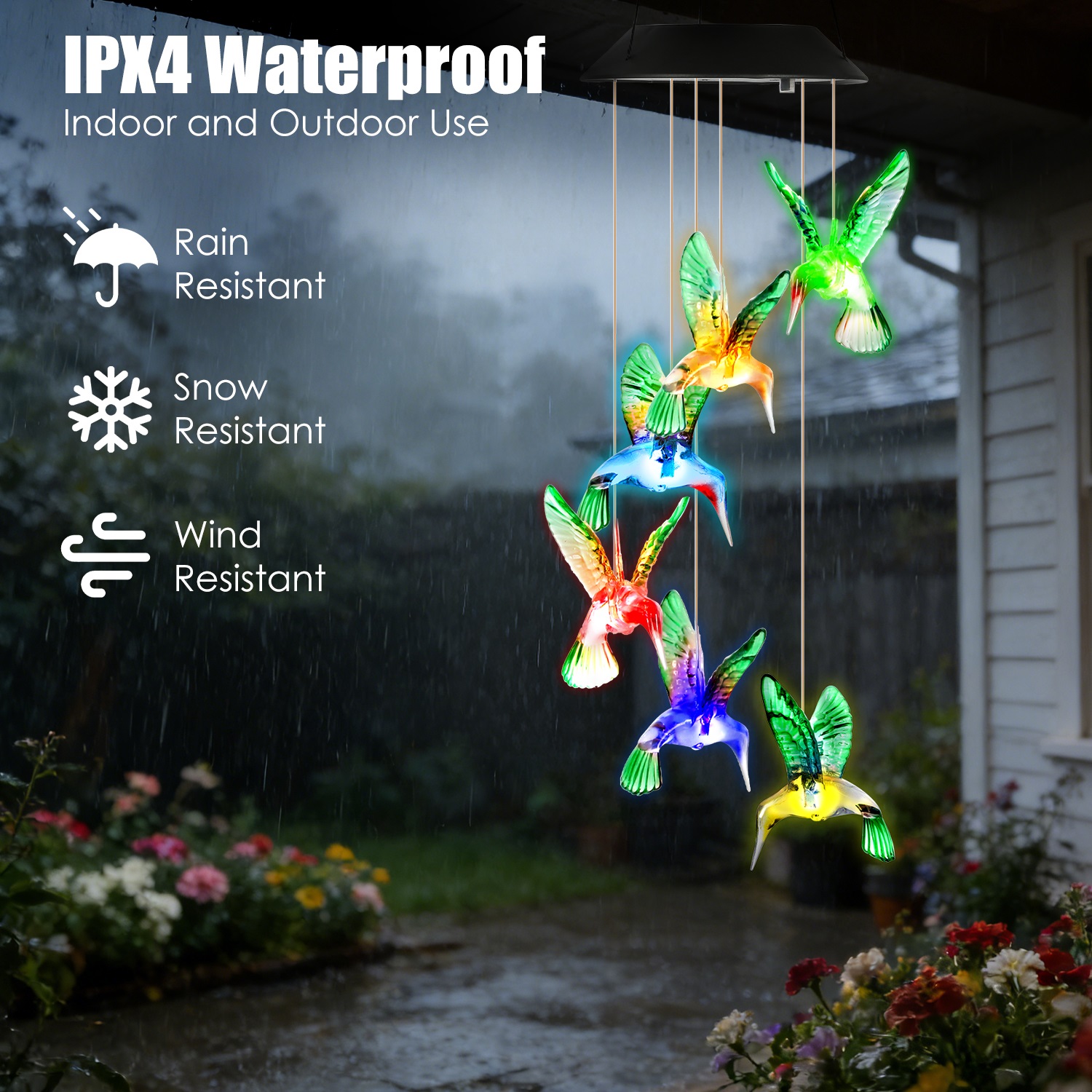 2 Piezas de Carrillón de Viento Solar de Colibrí, Cambia de Color en 7 Tonos, para Exteriores, Resistente al Agua IPX4, Decoración de Jardín y Patio — imagen 2