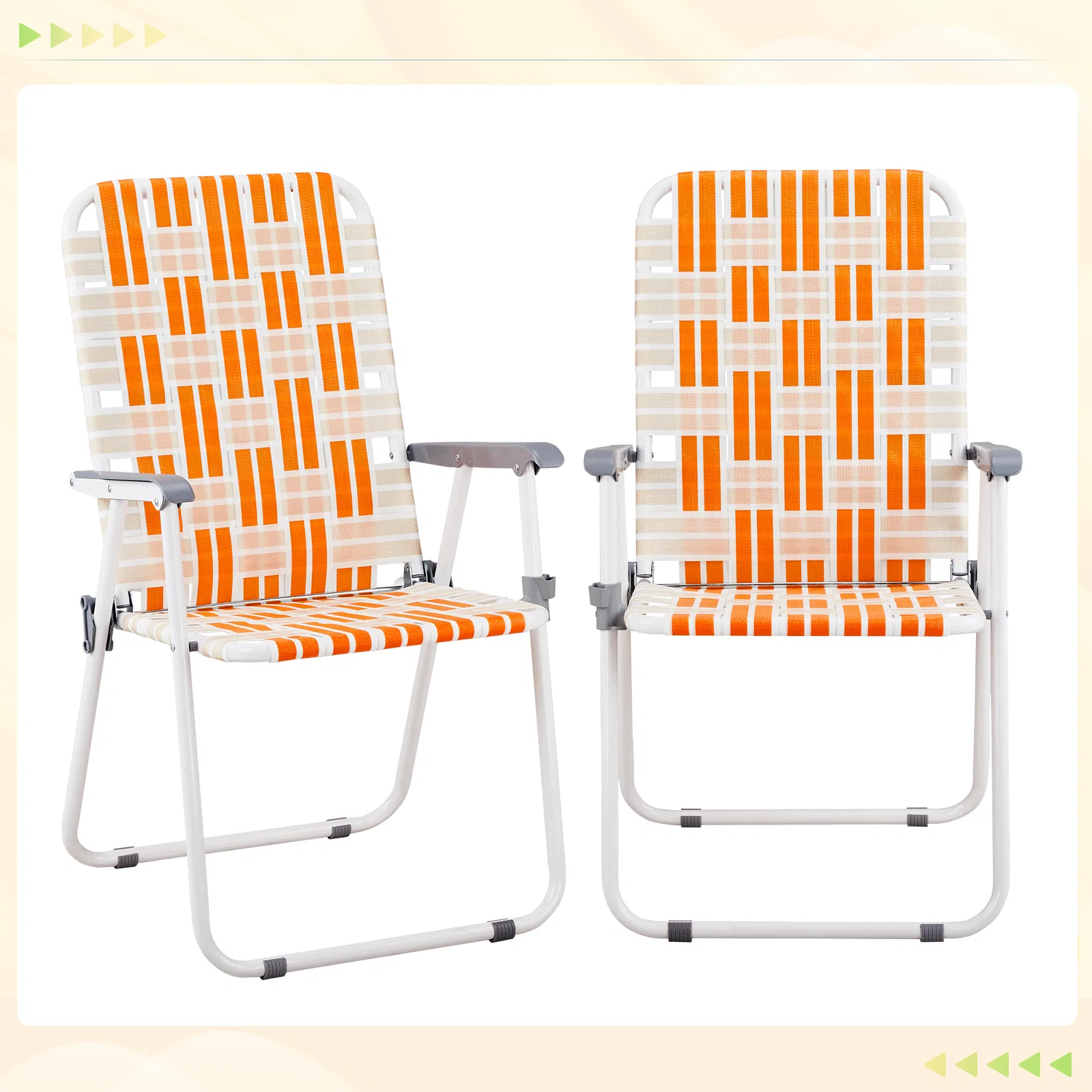 Set of 2 Webbed Folding Beach Chairs, Outdoor Patio Lawn Foldable Chairs for Camping Fishing Yard Poolside BBQ, Orange & White — image 13