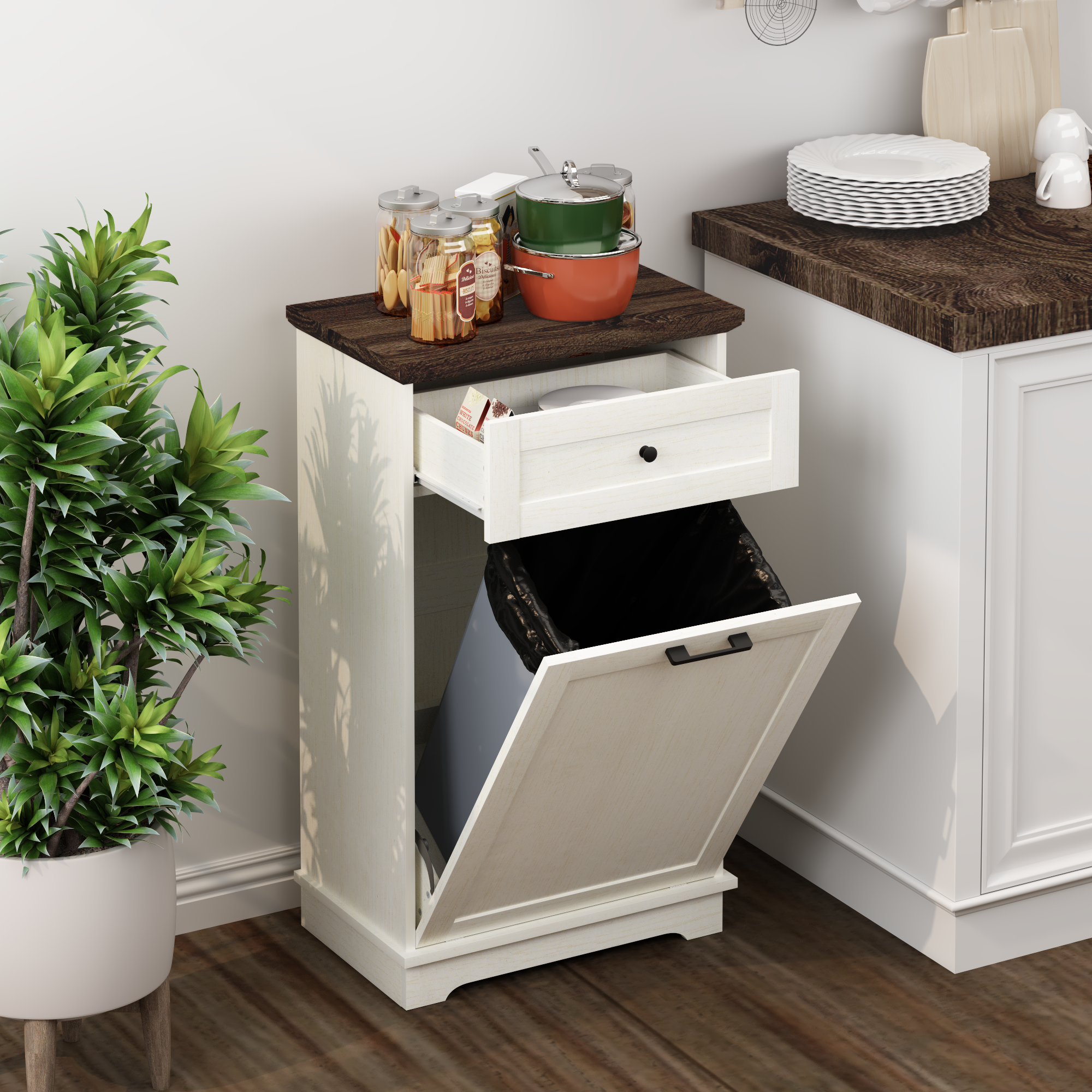 Mueble Basculante para Basurero de 10 Galones, Mueble Independiente para Bote de Basura, Mueble de Madera para Basura y Reciclaje con Cajón, a Prueba de Mascotas, para Cocina y Sala de Estar, Blanco Antiguo (No Incluye el Bote de Basura) — imagen 4