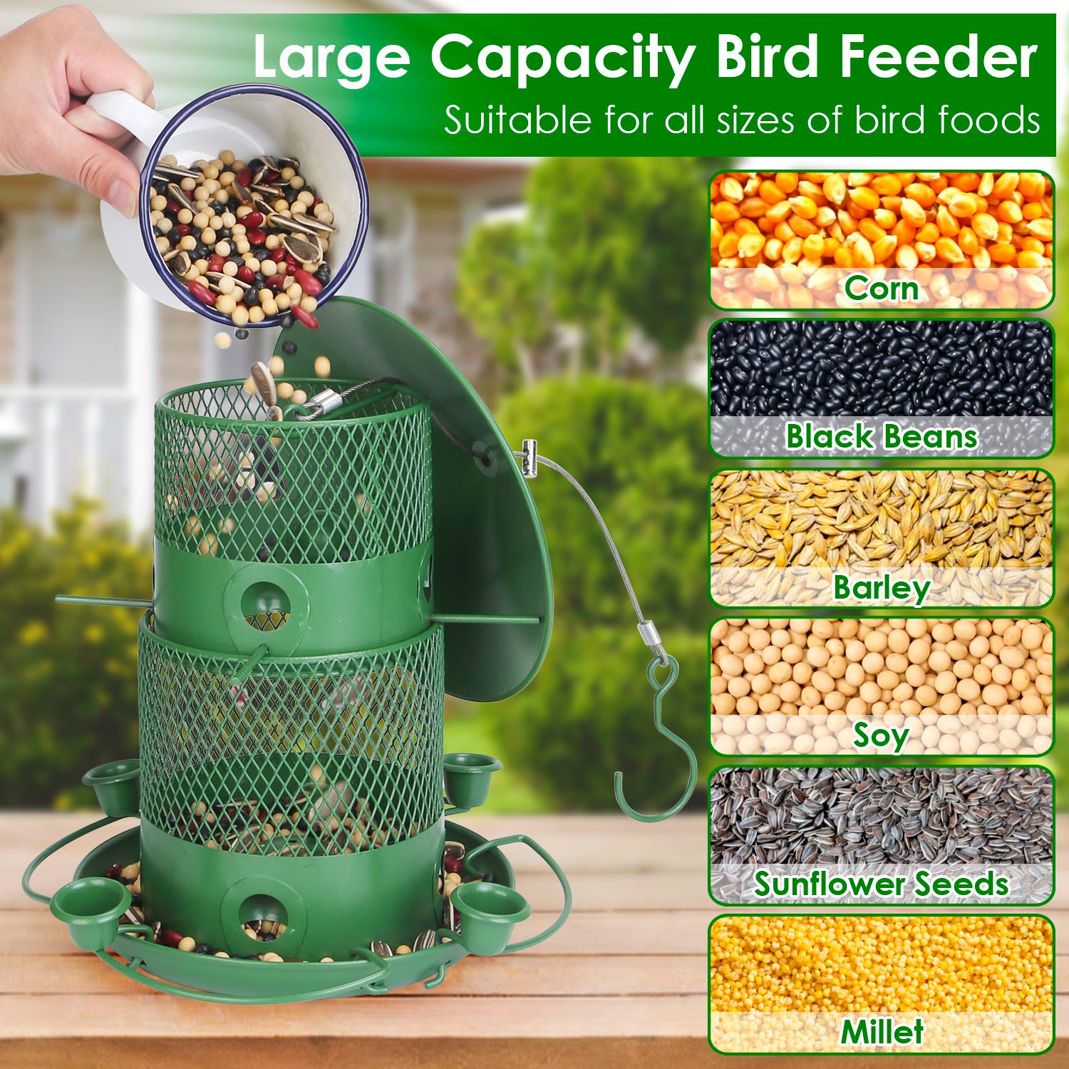 Comedor de Pájaros Silvestres Prueba de Ardillas Resistente al Mordisco Metalúrgico Comedor de Semillas para Jardín Patio Exterior con Perchas Circulares 360° Tazas de Agua para Primavera Verano — imagen 4