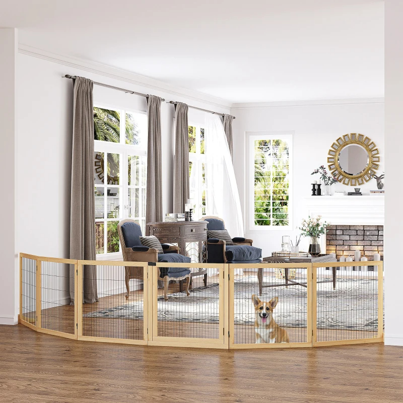 PawHut Wooden Pet Gate, 6-Panel Folding Dog Safety Barrier With Support Feet For Small & Medium Dogs, Natural Wood — image 1