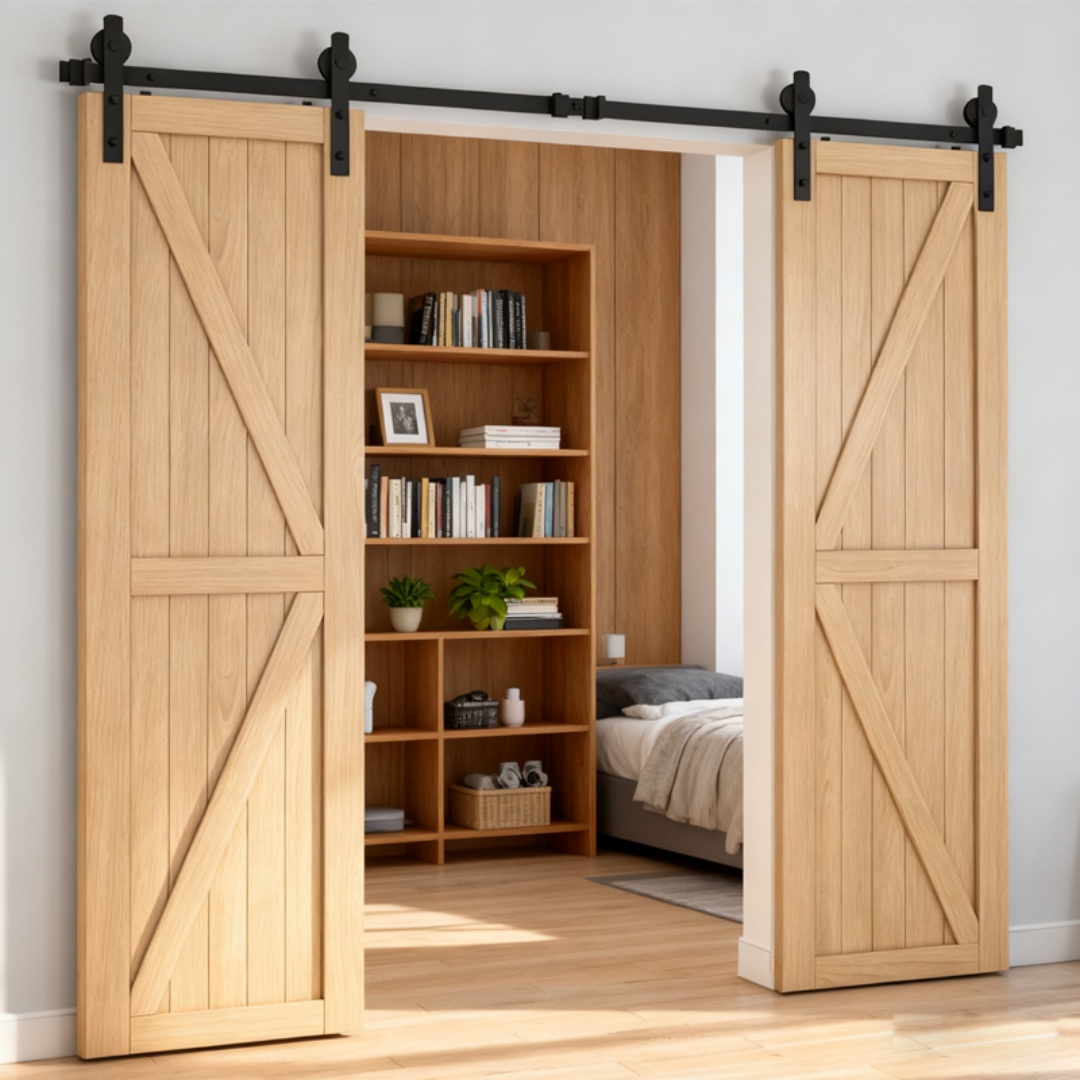 Kit de Hardware para Puertas Corredoras de Estilo Granja doble con Polea J Básica, Desliza Silenciosamente y Suavemente, Instalación Fácil 8 pies de Vía para Paredes de 20-24 pulgadas de Ancho — imagen 10