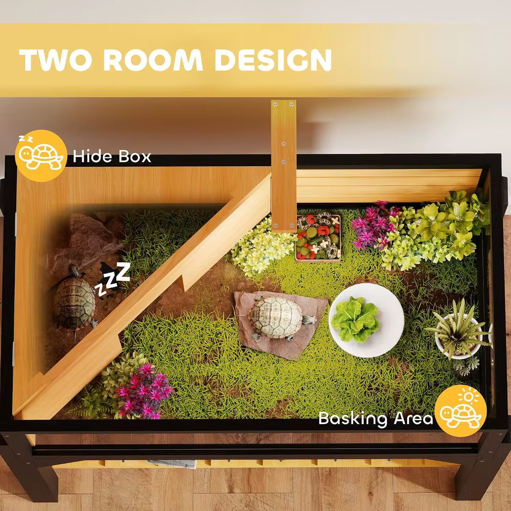 Tortoise Habitat w/Storage Shel, Clear Windows, Lamp Holder Yellow | Wooden Tortoise Enclosure, Openable Top, Built-in Tray, Rep — image 5