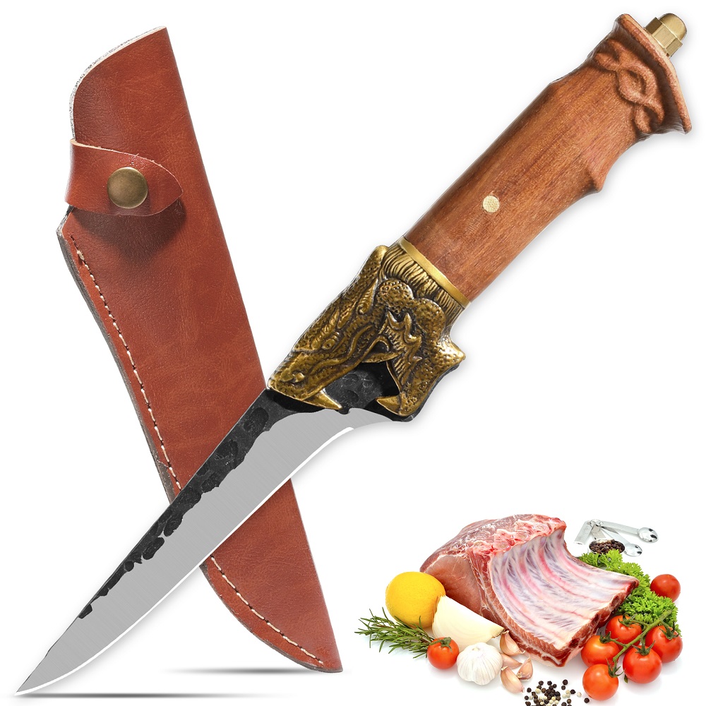 Qulajoy Boning Knife - Hand Forged Camping Knife 7Cr17MOV Blade - Dragon Head Handle And Leather Sheath - Unique Dragon Style - Viking Knife For Hunting & Camping — image 2