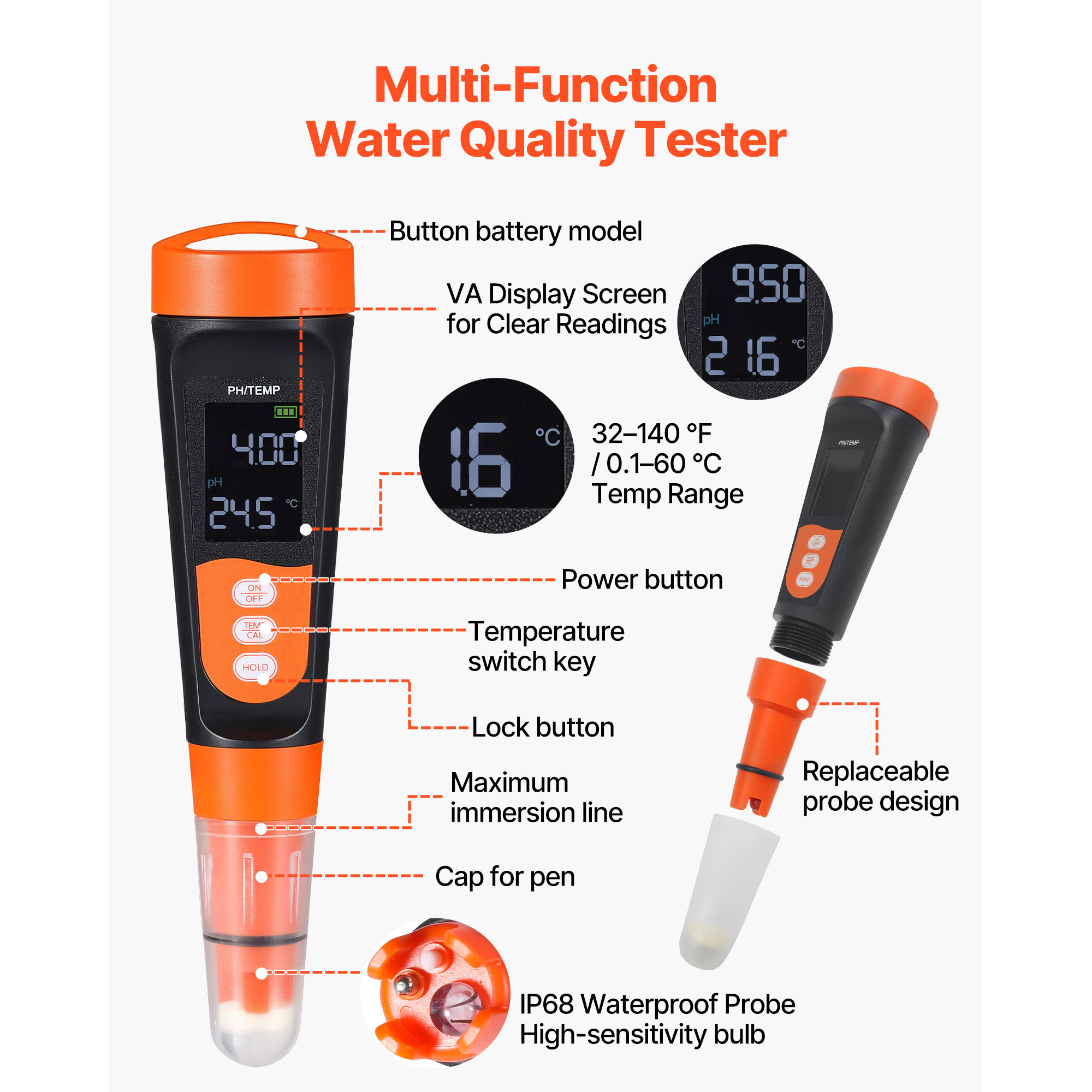 Medidor de pH, Rango 0-14 pH, Probeta IP68 Impermeable, Kit de Prueba de Bolsillo con Paquetes de Polvo de Calibración, Pantalla VA, Para Análisis de Calidad del Agua para Bebida, Hidroponía y Acuario — imagen 2