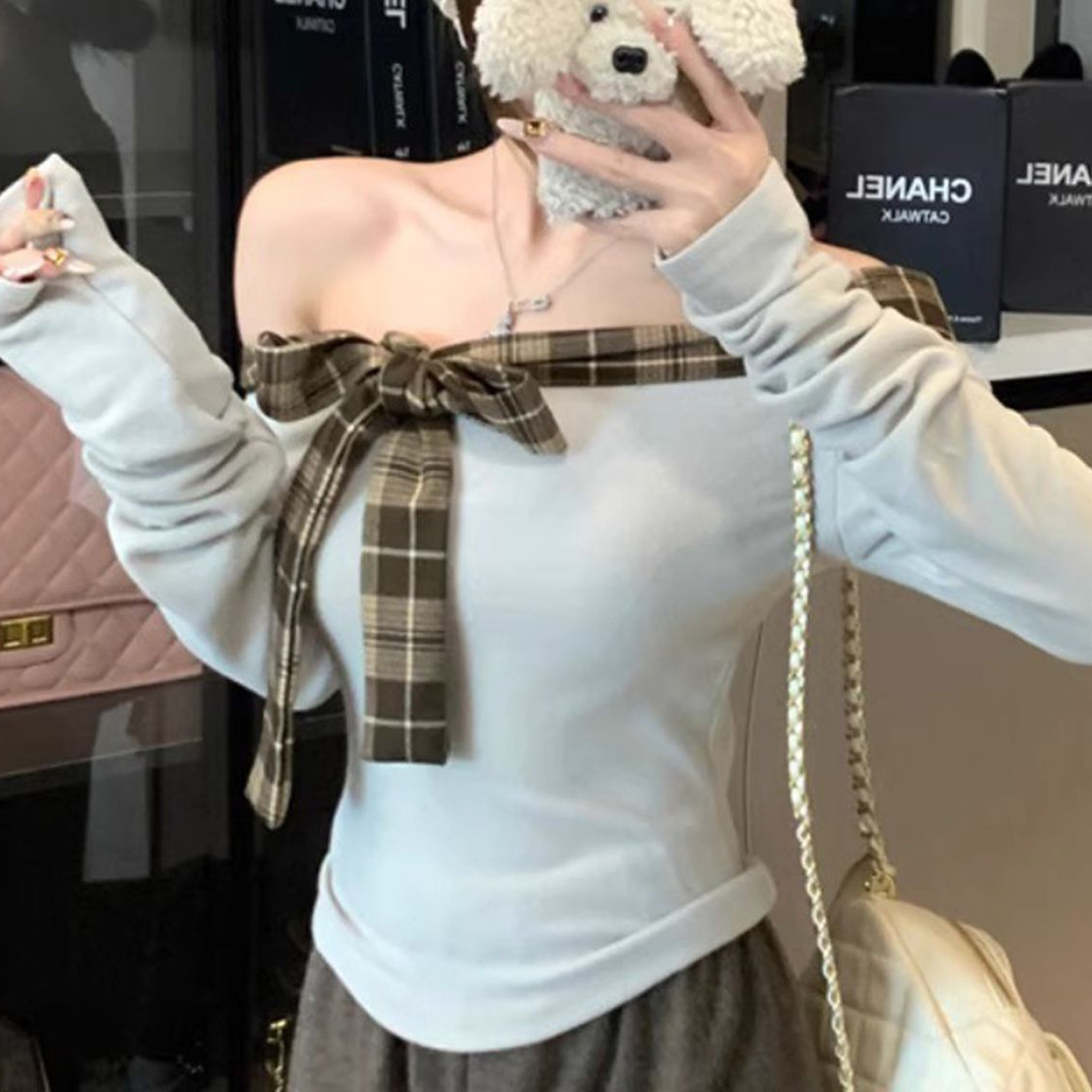 Sweet and Spicy Girl Plaid Patchwork Off-the-Shoulder T-Shirt for Women, Butterfly Knot Slim Fit Long Sleeve Top — image 8