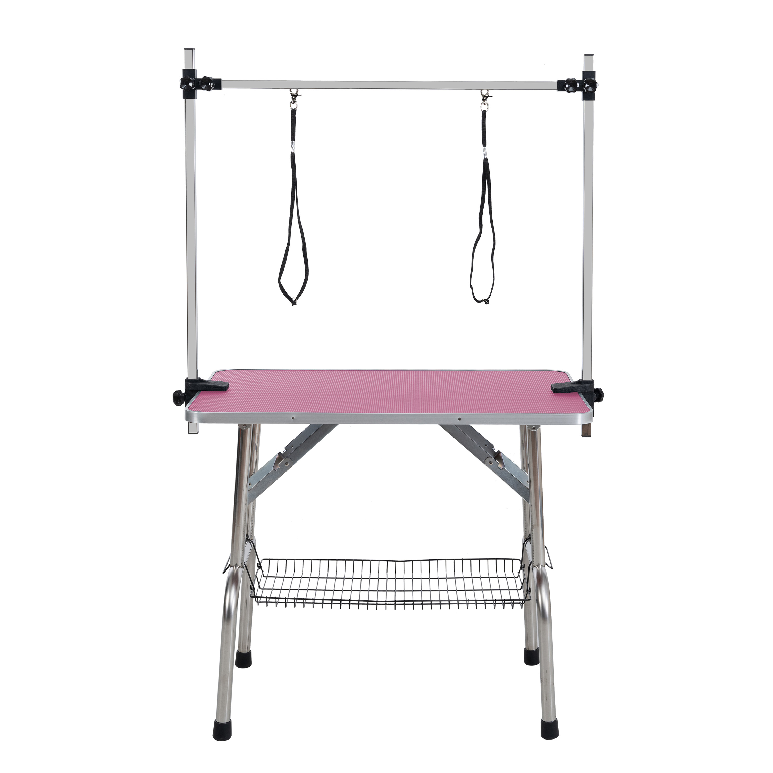 Mesa de aseo plegable de 46" para perros y mascotas, estructura de acero inoxidable con tapete de goma sobre tabla, brazo ajustable y sujetadores, mesa de aseo para perros y gatos, color ROSA — imagen 3