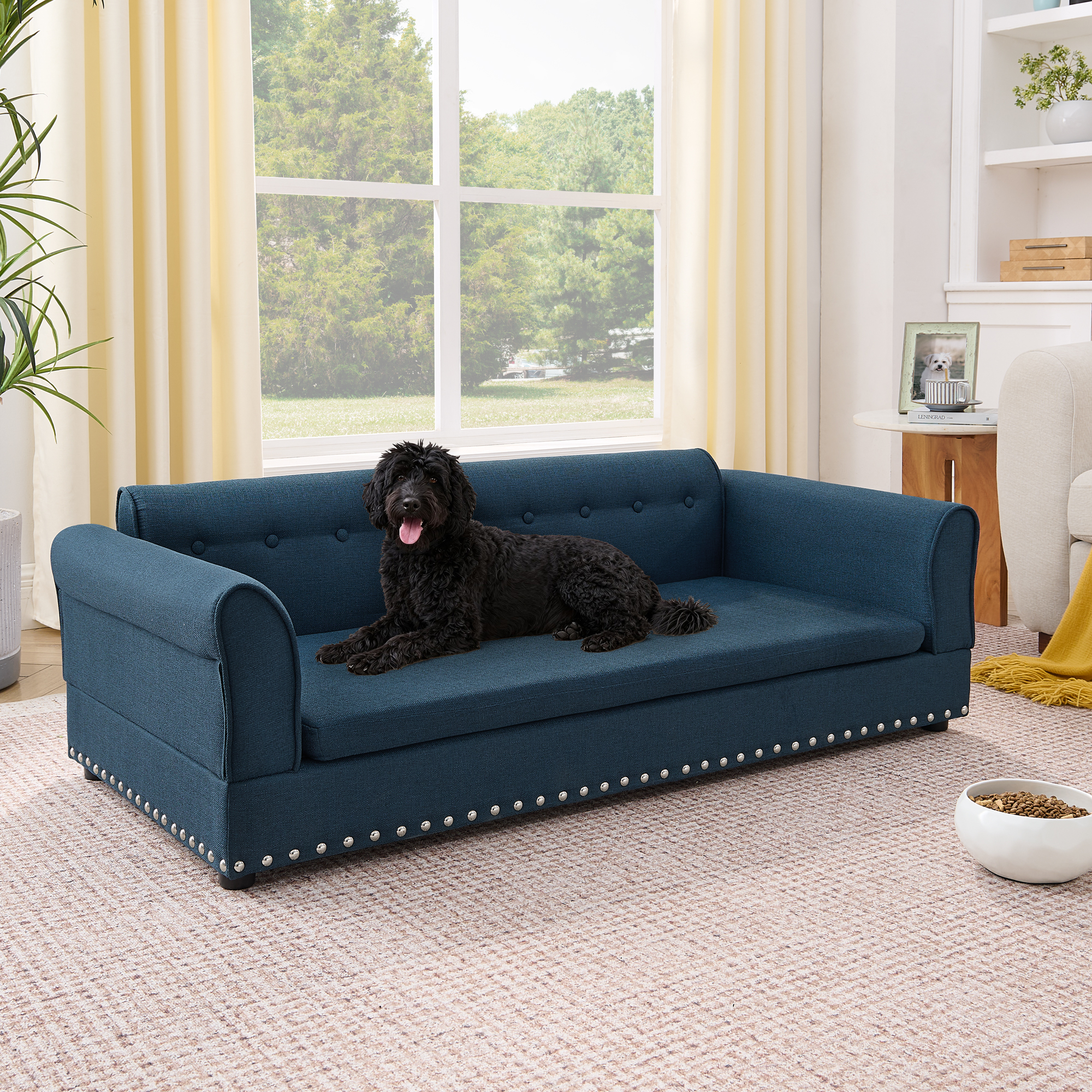 Sofá para Mascotas de Gran Tamaño, Diseño Moderno y Elegante en Tela de Lino con Espalda y Manijas para Perros Grandes y Sobrepeso - Azul Oscuro — imagen 4