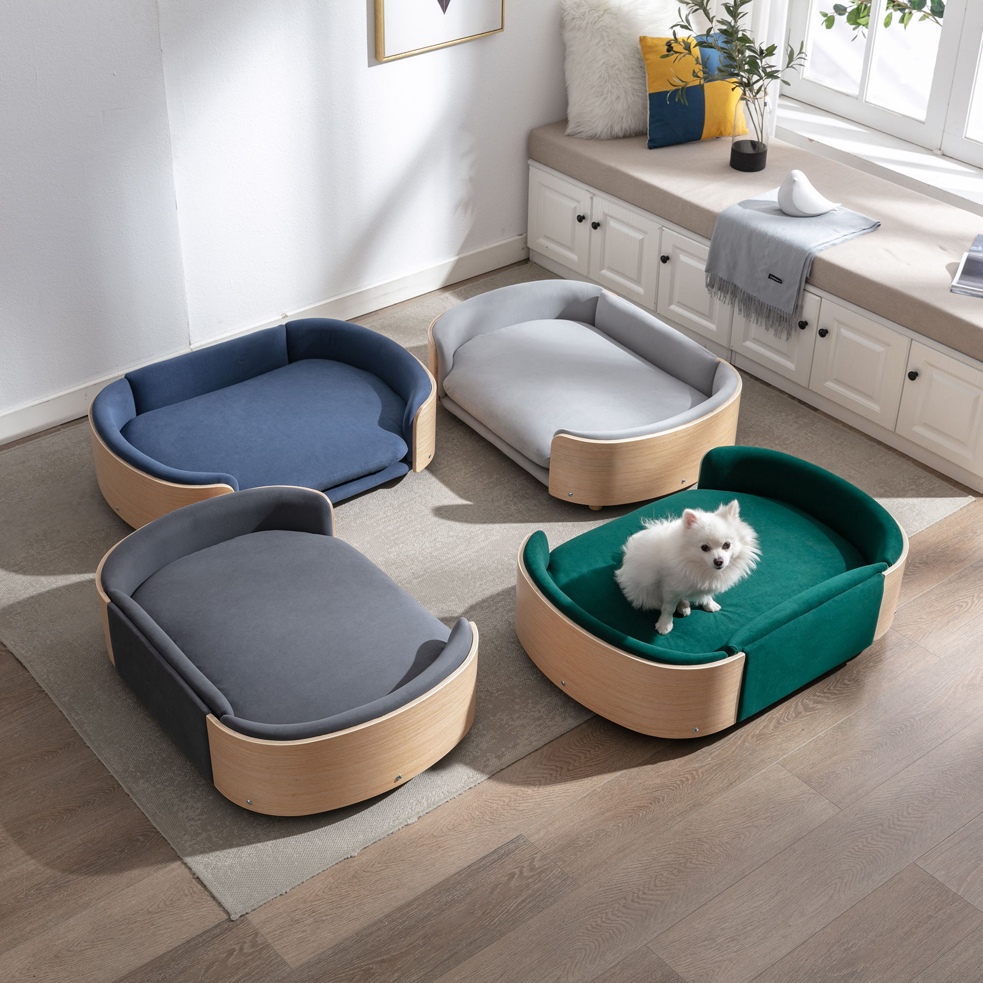Scandinavian style Elevated Dog Bed Pet Sofa With Solid Wood legs and Bent Wood Back, Velvet Cushion, Large Size — image 21