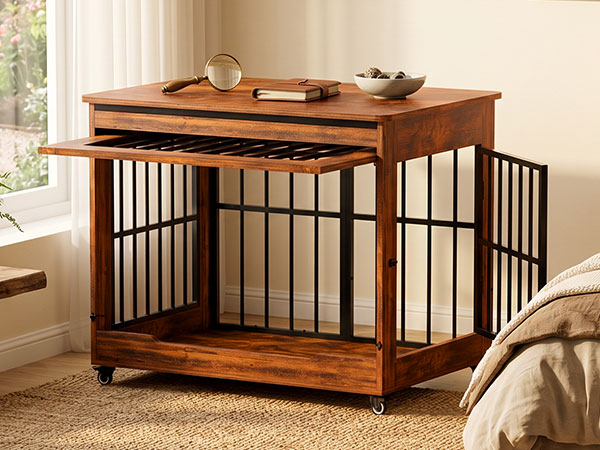 Large Dog Crate Furniture, Double Door Wooden Indoor Dog Kennel Furniture, Decorative Pet Cage End Table With Wheels For Extra Large Breed Dogs, Size 2XL, Greige — image 1