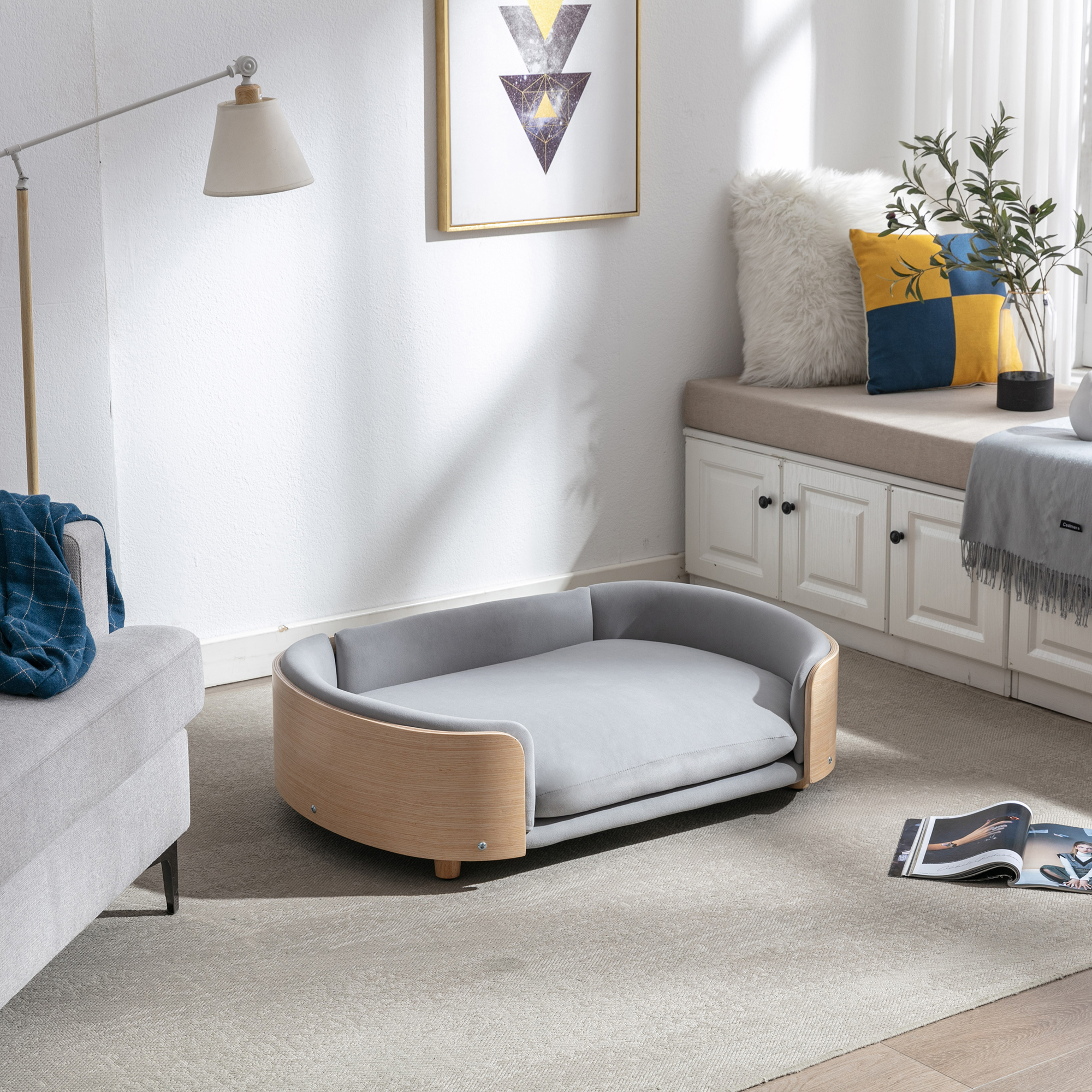 Scandinavian style Elevated Dog Bed Pet Sofa With Solid Wood legs and Bent Wood Back, Velvet Cushion, Large Size — image 16