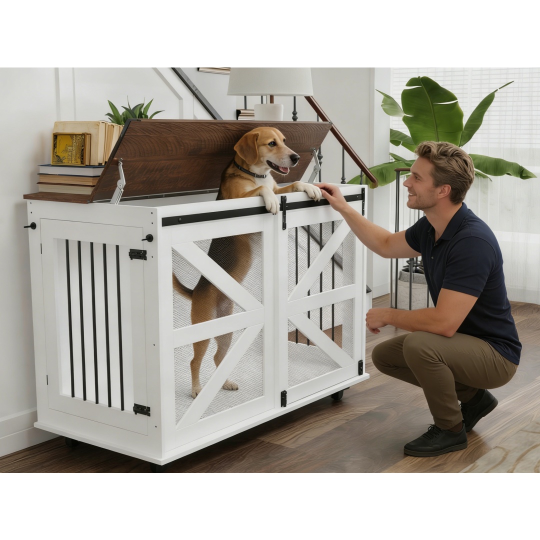 47.2 Mobile Dog Crate With Flip-Top Feeding Door, Dual-Access & 5 Caster System 2 Locking, Side Hooks - Multi-Functional Pet Kennel, double Dog Crate Furniture — image 1