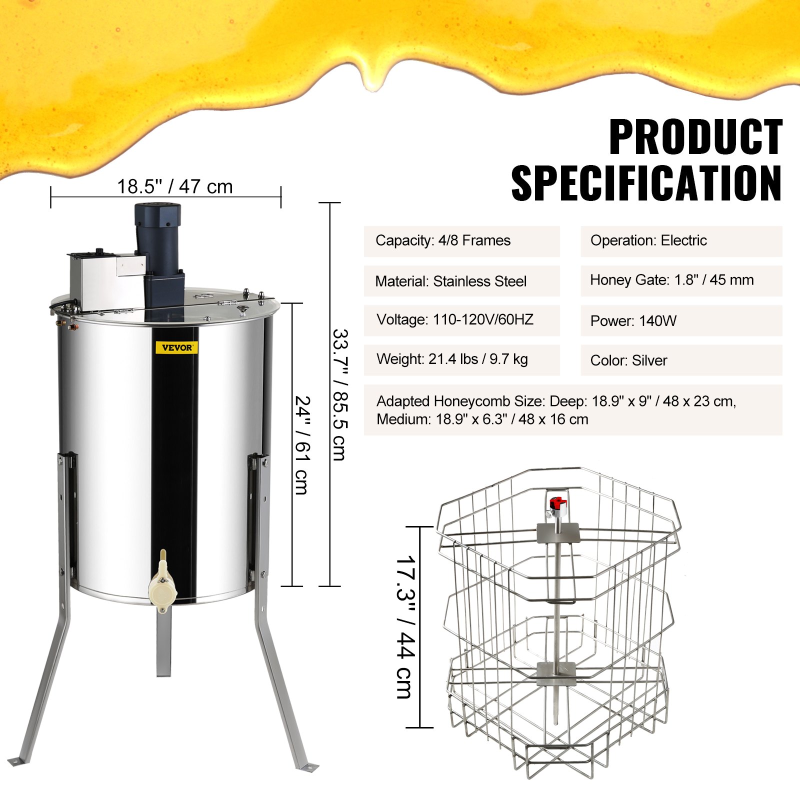 VEVOR Electric Honey Extractor, Frames Honey Spinner Extractor, Stainless Steel Beekeeping Extraction, Apiary Centrifuge Equipment With Height Adjustable Stand, Honeycomb Drum Spinner With Lid — image 8