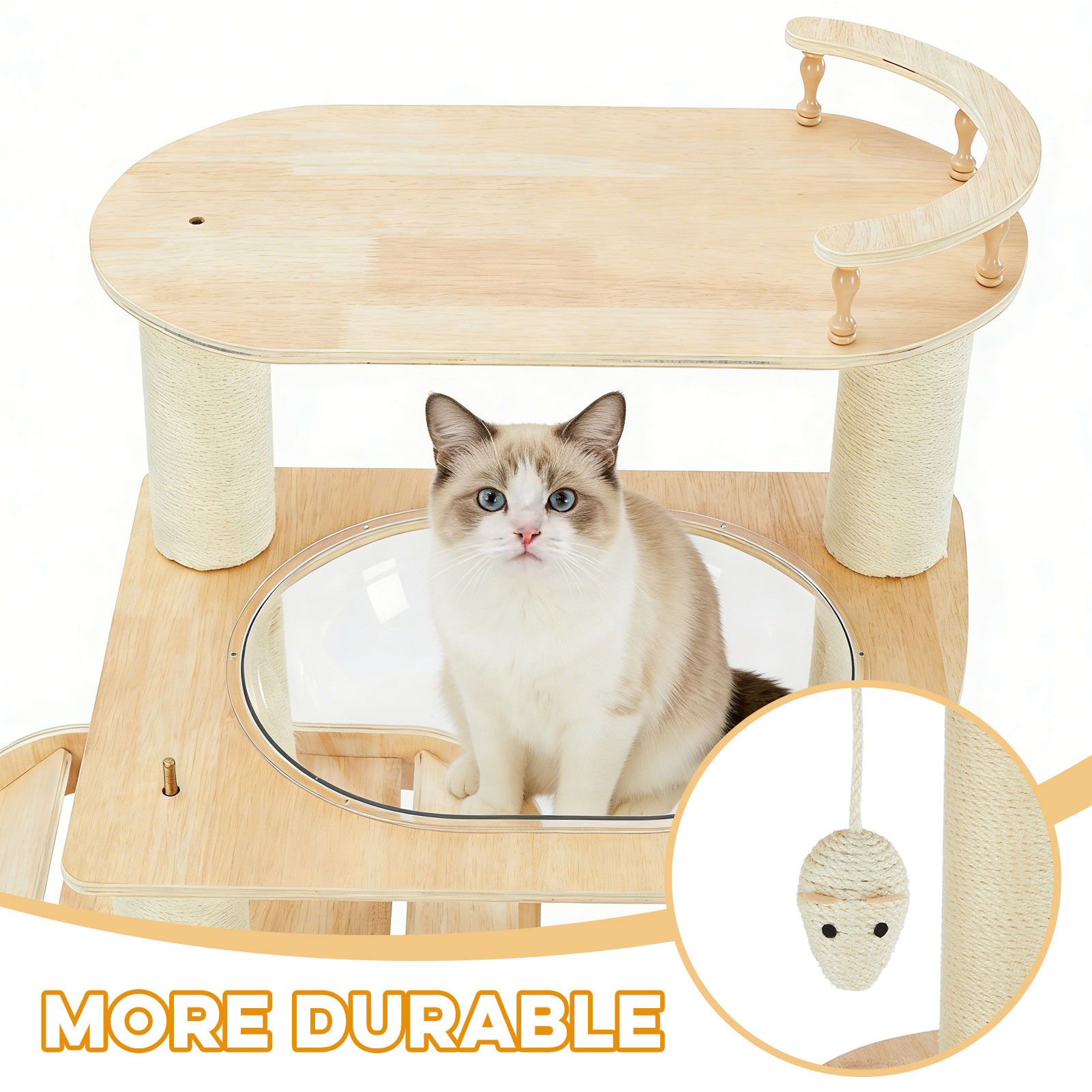 Modern Heavy-Duty No-Drill Cat Tree-Solid Wood Multi-Story Board, 4-Story Multi-Column Cat Tower, 57.9in For Multi-Cat Households, Open Condo, Space Capsule & Perch, Natural Wood Indoor Pet Furniture — image 4