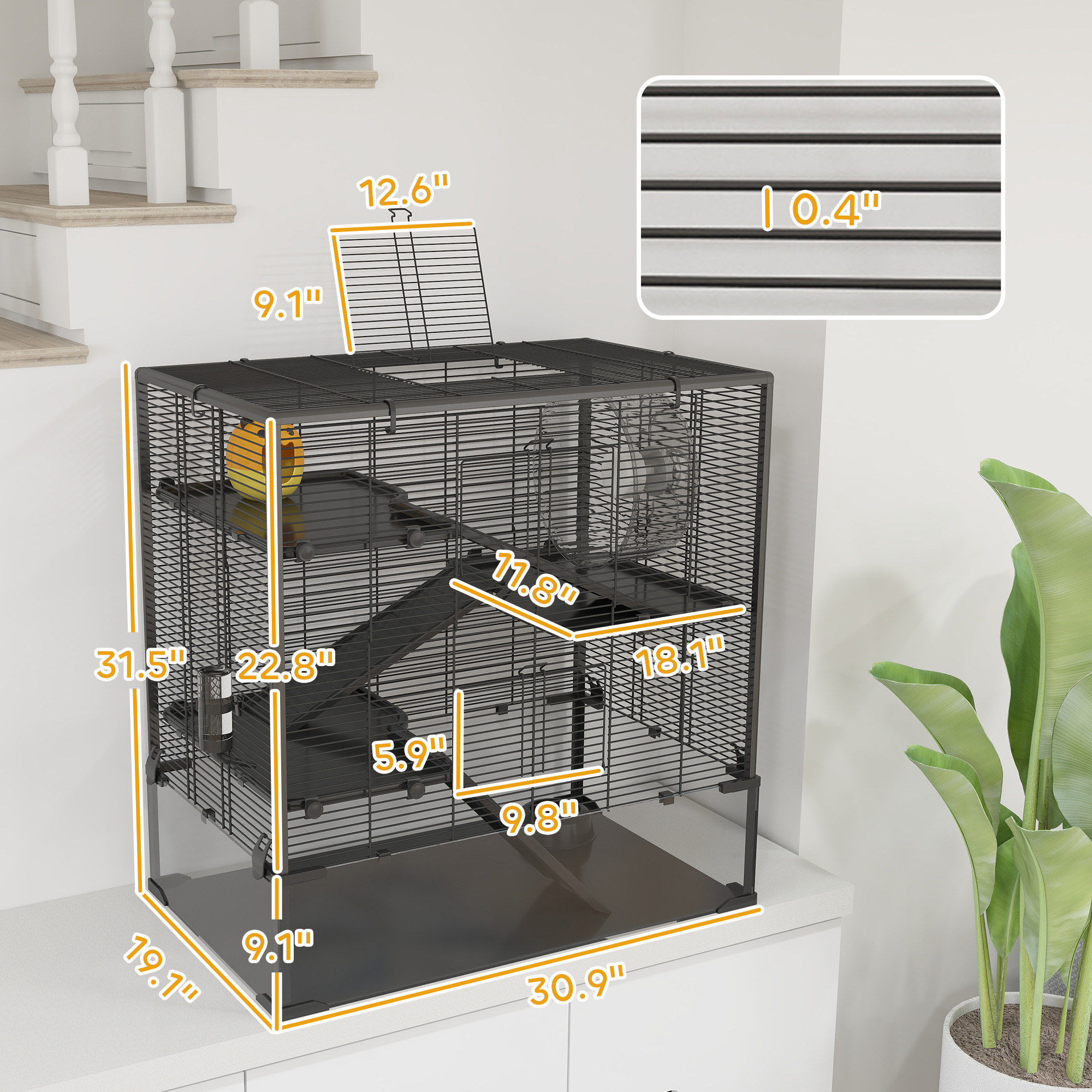 4 Tier Hamster Cage with Deep Tempered Glass Bottom, Running Wheel, Hut, Water Bottle, Food Dish, 31" x 19" x 31.5" — imagen 7