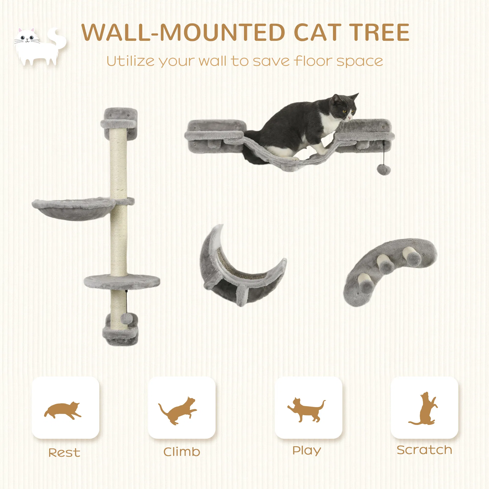 4Pcs Cat Wall Shelf with Scratching Post, Cat Wall Shelves for Relaxing, Climbing, Cat Wall With Soft Ladder, Hammock, Play Balls, Grey — image 3