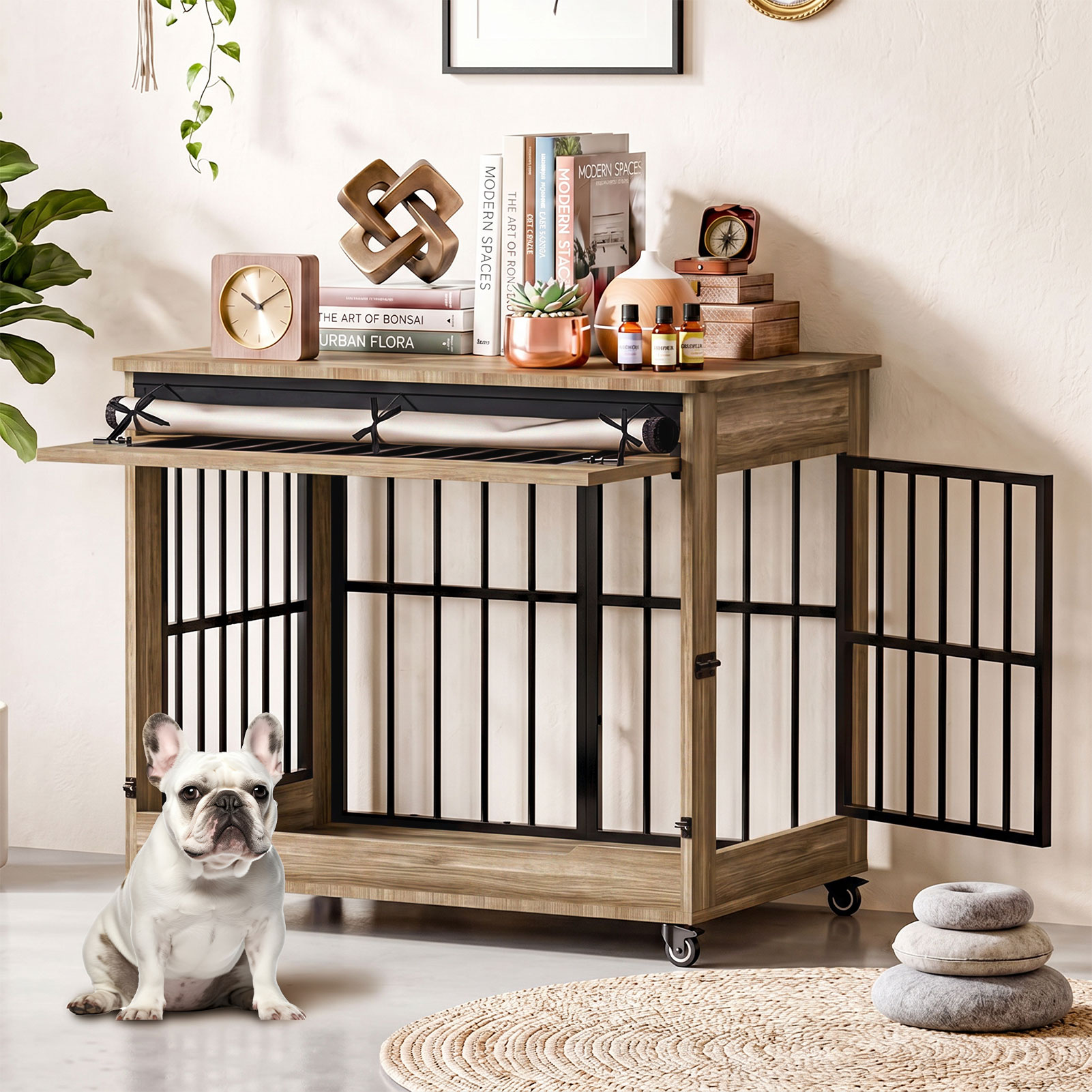 Dog Crate Furniture, Double Door Wooden Indoor Dog Kennel Furniture, Decorative Pet Cage End Table With Wheels For Large And Medium Breed Dogs, Size L, Greige — image 24