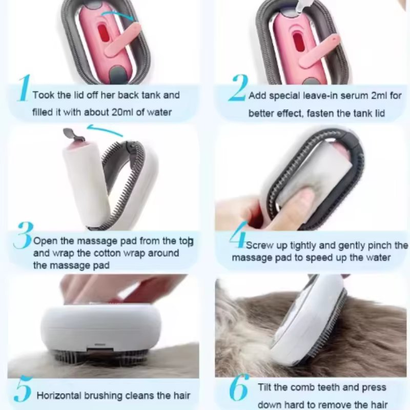 Cepillo de aseo para mascotas, cepillo para gatos de pelo largo, deshilachador de pelo para perros y gatos, con frotador de silicona y tanque de agua, accesorios de productos para mascotas — imagen 6