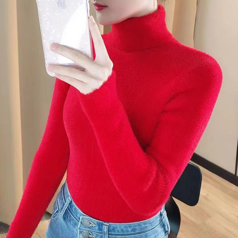 Women's Long Sleeve High Neck Slim Fit Thickened Faux Mink Knit Sweater — image 13