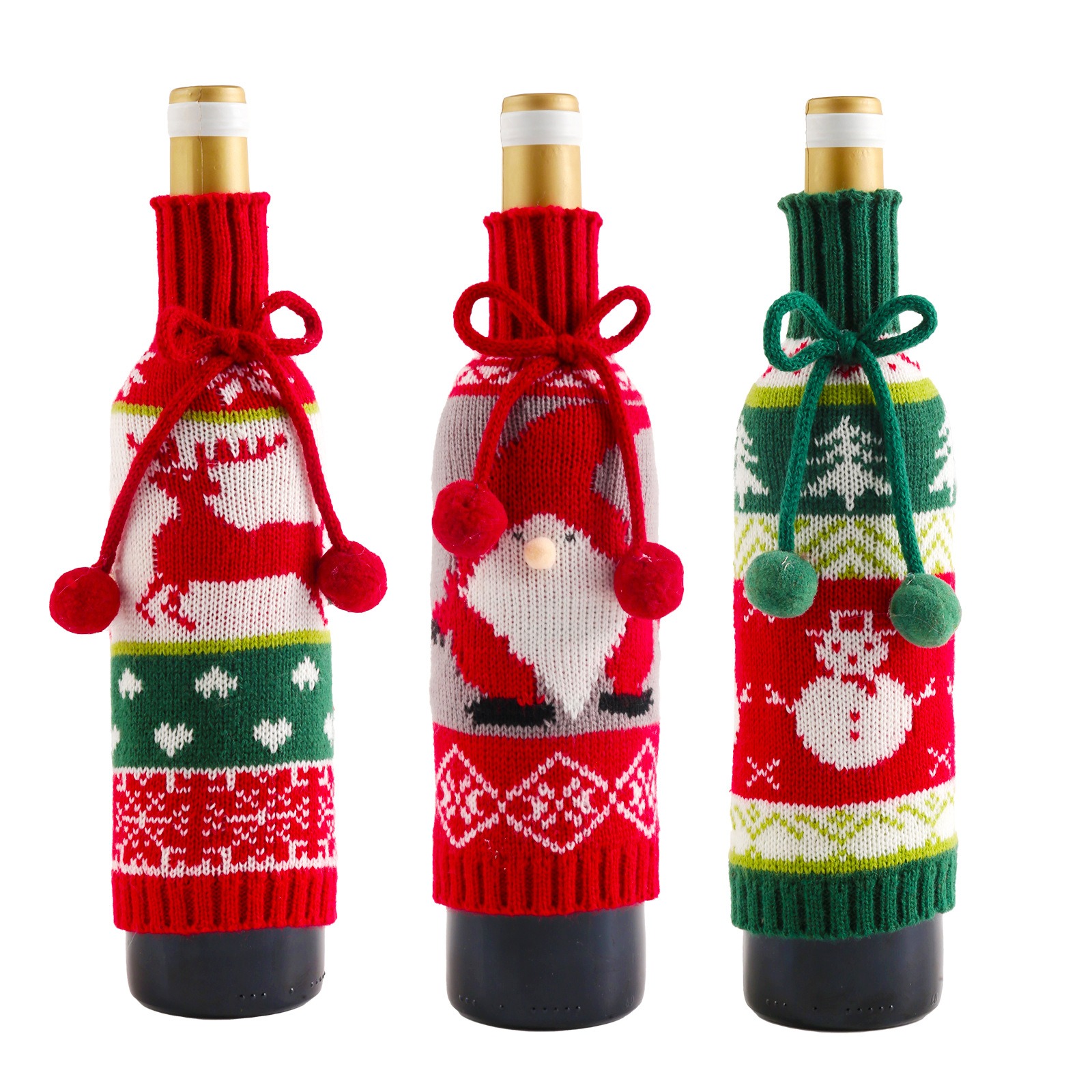 Hairball bow wine bottle set reindeer elderly man snowman knitted red wine set decorative gift ornament — image 1