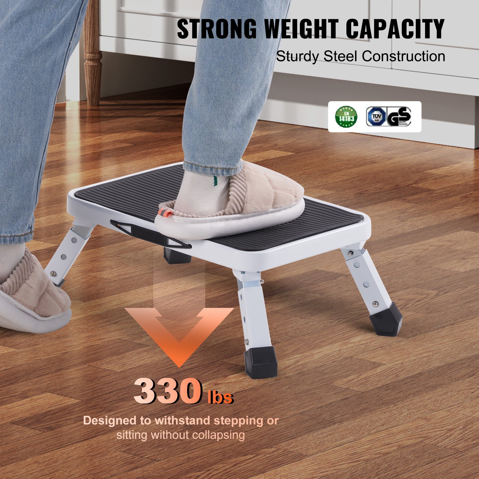 Elevador de 1 paso con capacidad de 330 lbs, peldaño metálico plegable ajustable en 3 alturas, escaleras portátiles para adultos y niños, suelas antideslizantes seguras para oficinas, RV, mascotas, baños y dormitorios — imagen 2
