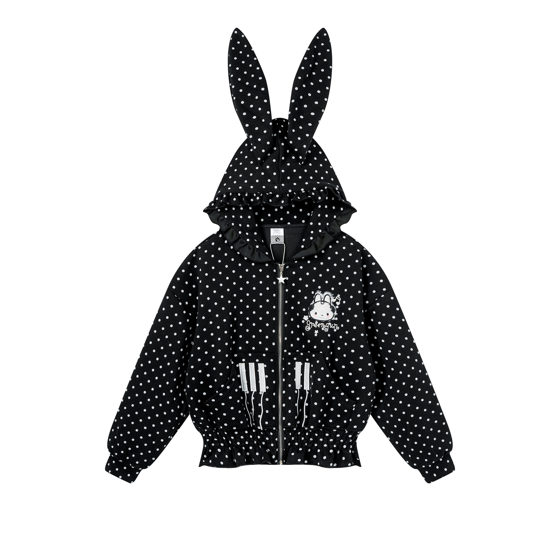 Polka Dot Rabbit Ear Hooded Crop Cardigan with Ruffle Waist and Cute Embroidery — image 4