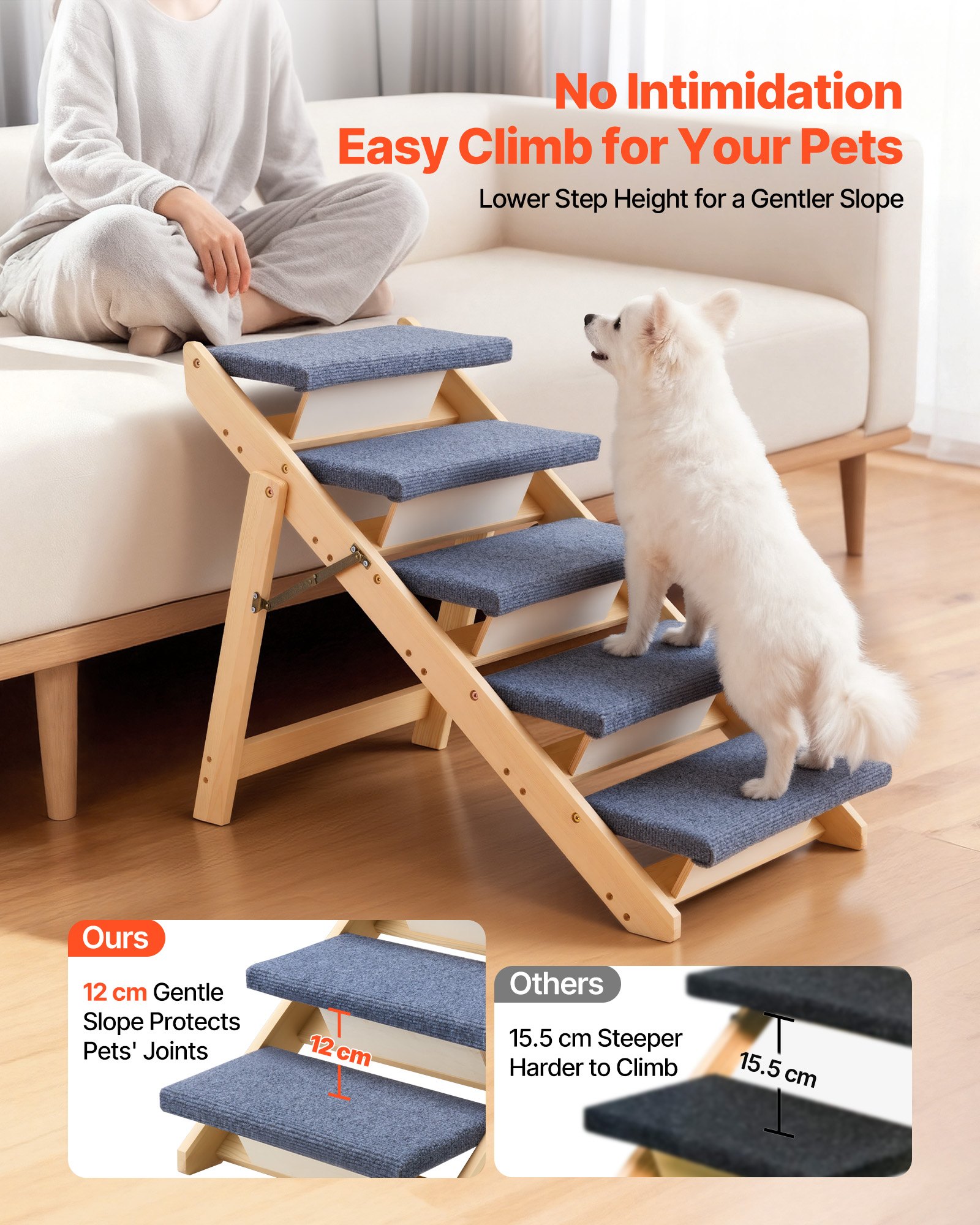 Escaleras de Madera para Mascotas, 5 Peldaños para Canes y Gatos en Camas, Sofás & Coches, Capacidad 150lbs, Diseño Plio Plegable, Estable y Rígido Para Pequeños Grandes Ancianos Perros y Gatos — imagen 5