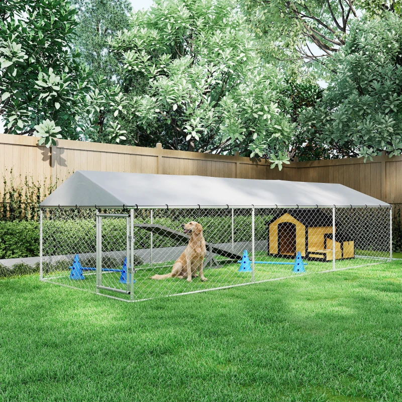 PawHut 20' X 7.5' X 5' Perro Caja Exterior Para Perros Grandes Con Techo Impermeable, Plateado — imagen 7
